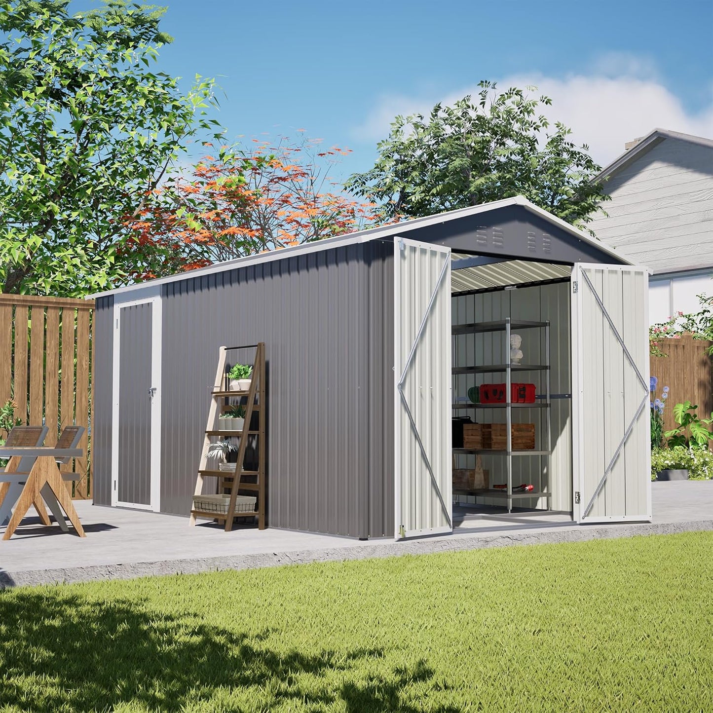 8 x 12 FT Outdoor Storage Shed with Floor, Metal Garden Shed with 2 Windows and Lockable Door for Garden, Tool Sheds for Backyard