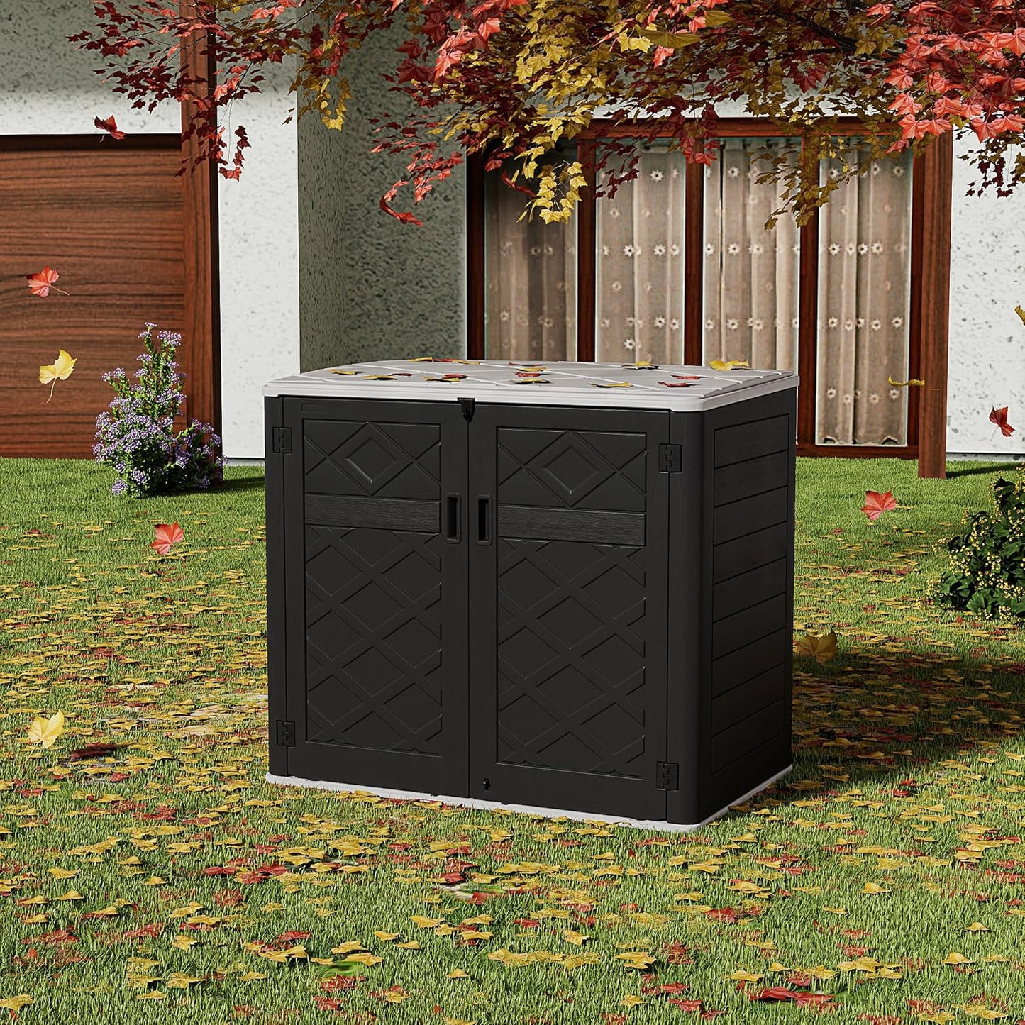 HOMSPARK Storage Shed Weather Resistance, Multi-Purpose Outdoor Storage Cabinet for Backyards and Patios, Horizontal Storage Shed for Lawnmower, Patio Accessories (Black & White, Large - 48 cu.ft)