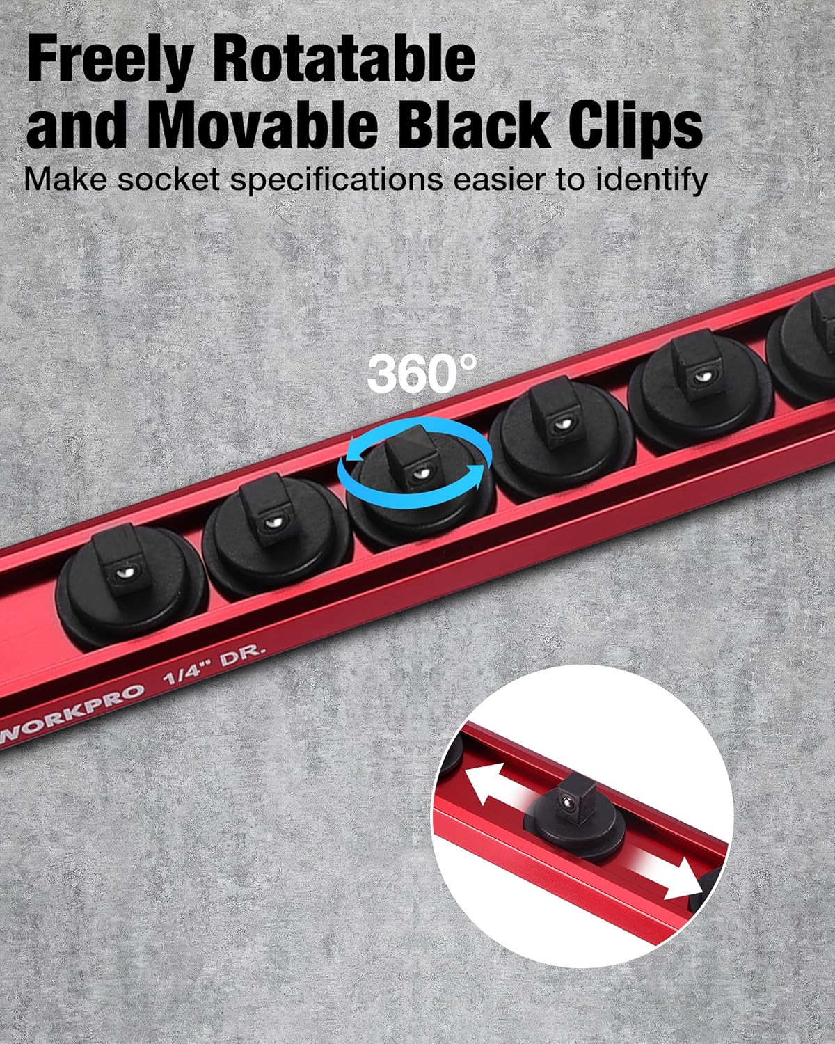 WORKPRO Magnetic Socket Organizer Set, 1/2" 3/8" 1/4" Drive Aluminum Alloy Socket Holder, 3PC Socket Rail with Removable Socket Clips, Socket Organizer Tray for Tool Box Drawer (Sockets Not Included)