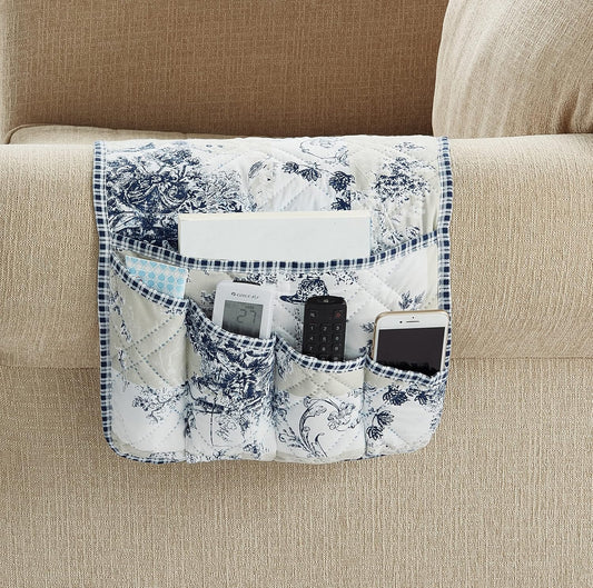Brilliant Sunshine Blue Toile Couch Sofa Armrest 5 Pockets Organizer, Slip Resistant Recliner Armchair Caddy, Washable Remote Controls Holder, Storage for Magazine, Tablet, Phone, iPad, 35×13", Blue