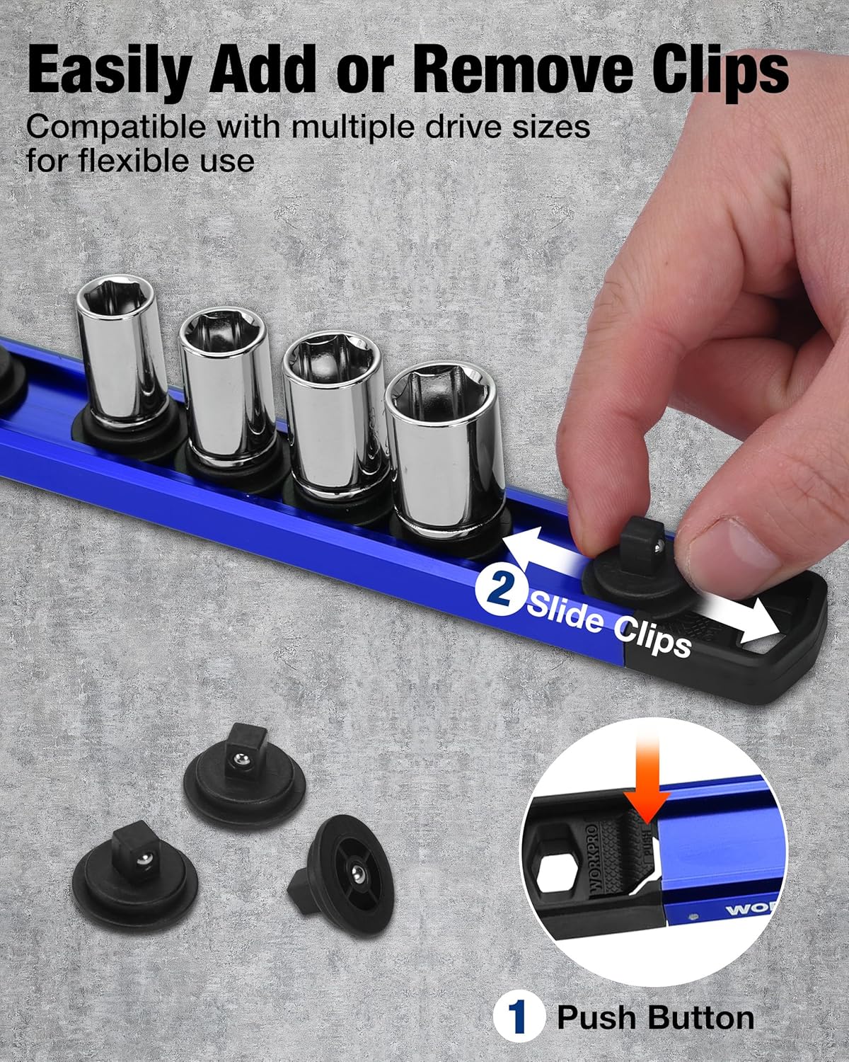 WORKPRO Magnetic Socket Organizer, 1/4" Drive Aluminum Alloy Socket Holder, Heavy Duty Socket Rail with 12 PC Removable Socket Clips, Socket Organizer Tray for Tool Box Drawer (Sockets Not Included)
