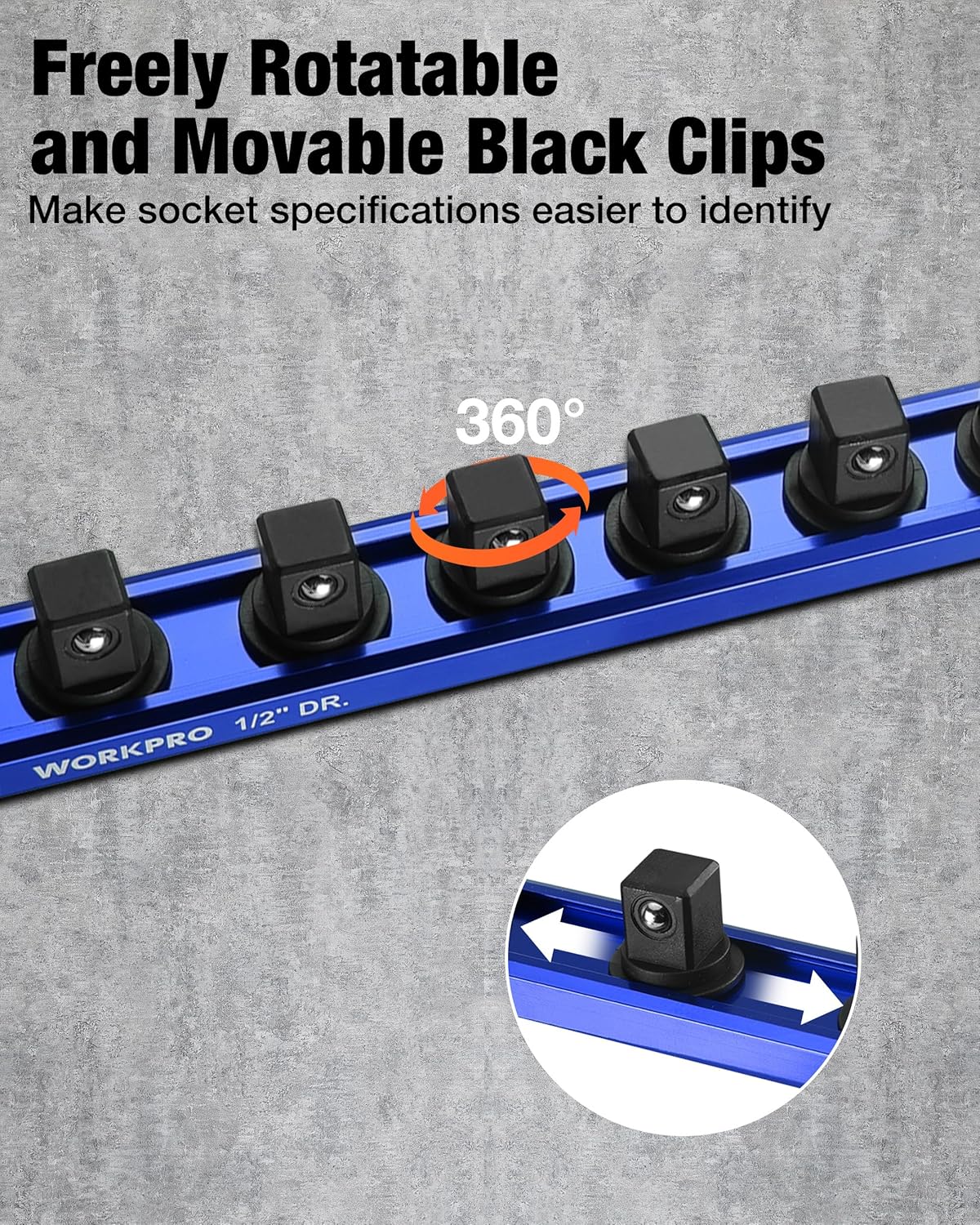 WORKPRO Magnetic Socket Organizer, 1/2" Drive Aluminum Alloy Socket Holder, Heavy Duty Socket Rail with 10 PC Removable Socket Clips, Socket Organizer Tray for Tool Box Drawer (Sockets Not Included)