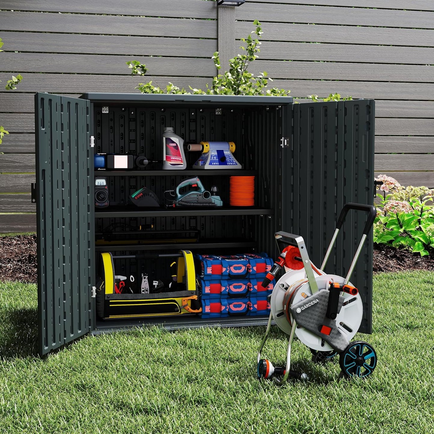 Outdoor Storage Cabinet with 2 Shelves, Waterproof Resin Horizontal Tool Shed, Lockable 15 cuft. Storage Shed for Patio, Garden, Yard, Grey