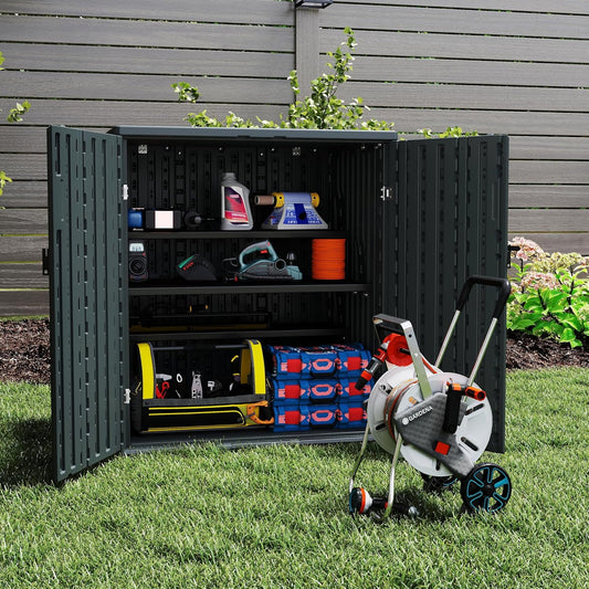 Outdoor Storage Cabinet with 2 Shelves, Waterproof Resin Horizontal Tool Shed, Lockable 15 cuft. Storage Shed for Patio, Garden, Yard, Grey