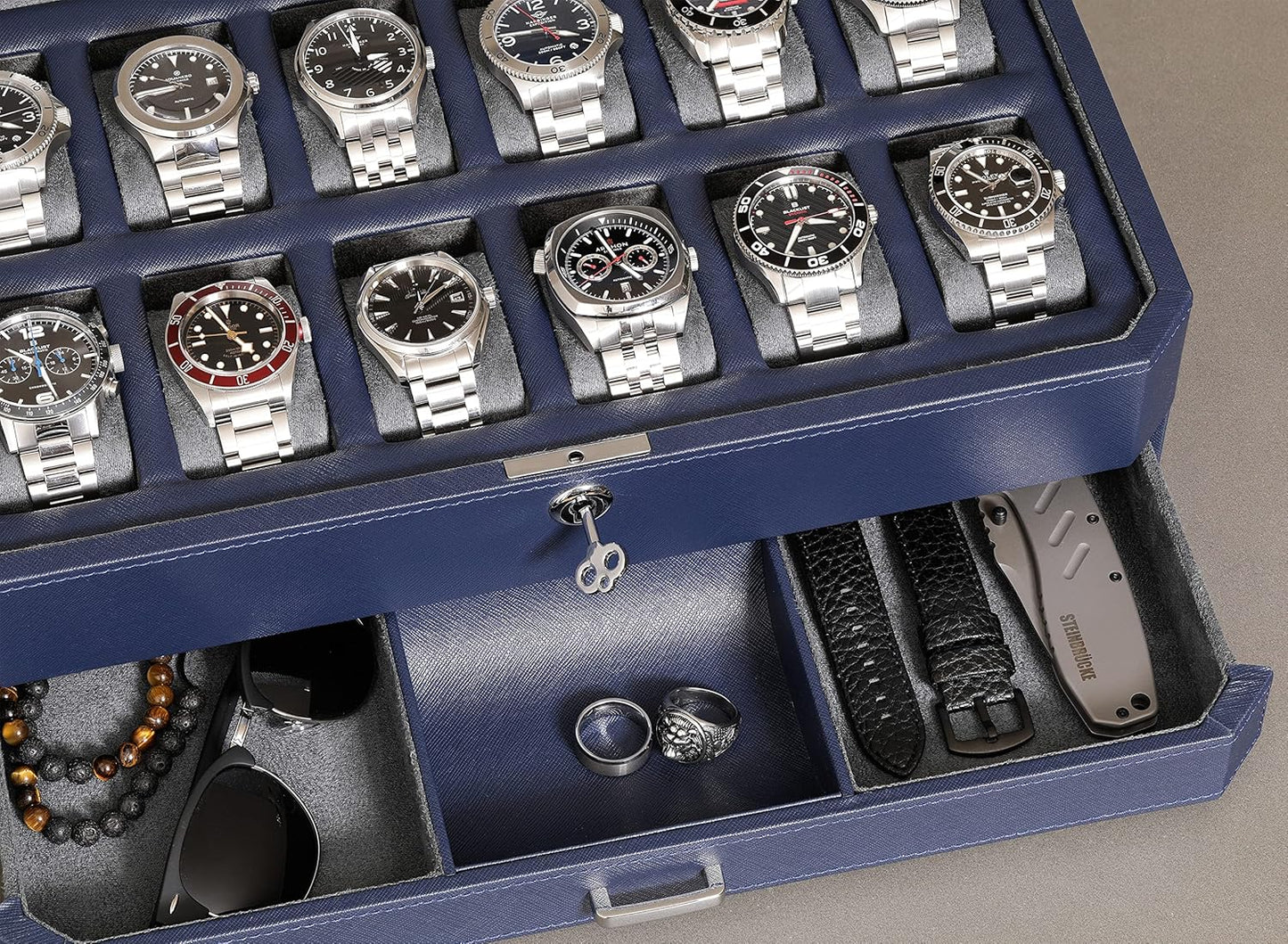 ROTHWELL 12 Slot Leather Watch Box with Valet Drawer - 12 Slot Luxury Watch Case Display Organizer, Microsuede Liner, Mens Accessories Holder, Jewelry Case, Jewelry Display Organizer (Dark Blue/Grey)
