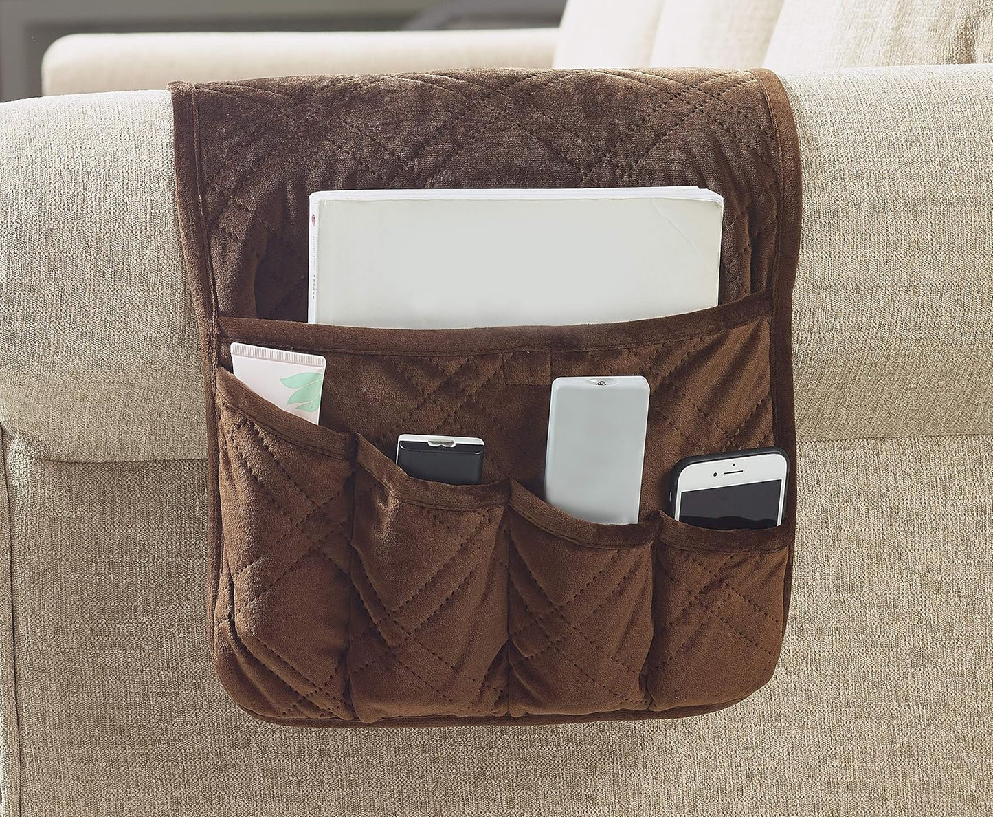 Brilliant Sunshine Chocolate Velvet Couch Armrest 5 Pockets Organizer, Slip Resistant Recliner Armchair Caddy, Washable Remote Controls Holder, Storage for Magazine, Tablet, iPad, 35×13", Chocolate