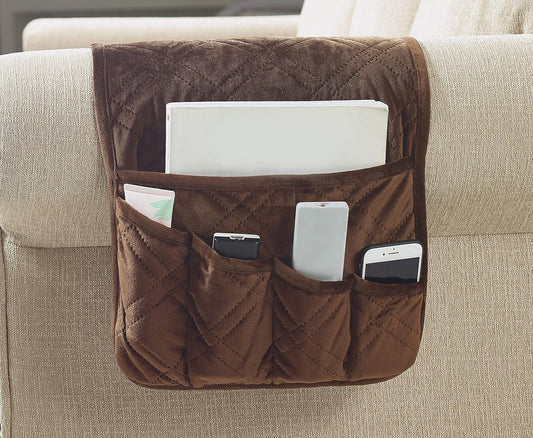 Brilliant Sunshine Chocolate Velvet Couch Armrest 5 Pockets Organizer, Slip Resistant Recliner Armchair Caddy, Washable Remote Controls Holder, Storage for Magazine, Tablet, iPad, 35×13", Chocolate