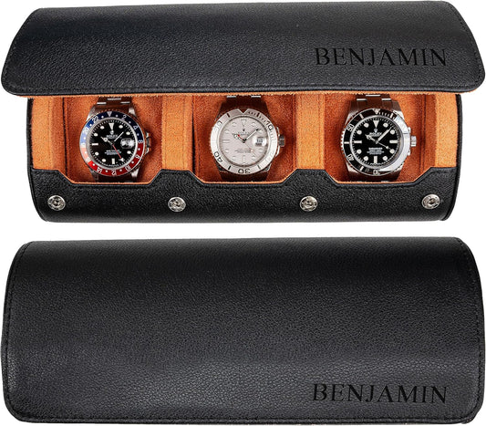 DailyWatch | Personalized Watch Roll Travel Case For 3 Watches - Handmade Genuine Leather Travel Case With Custom Engraving of Name or Initials - Black Orange