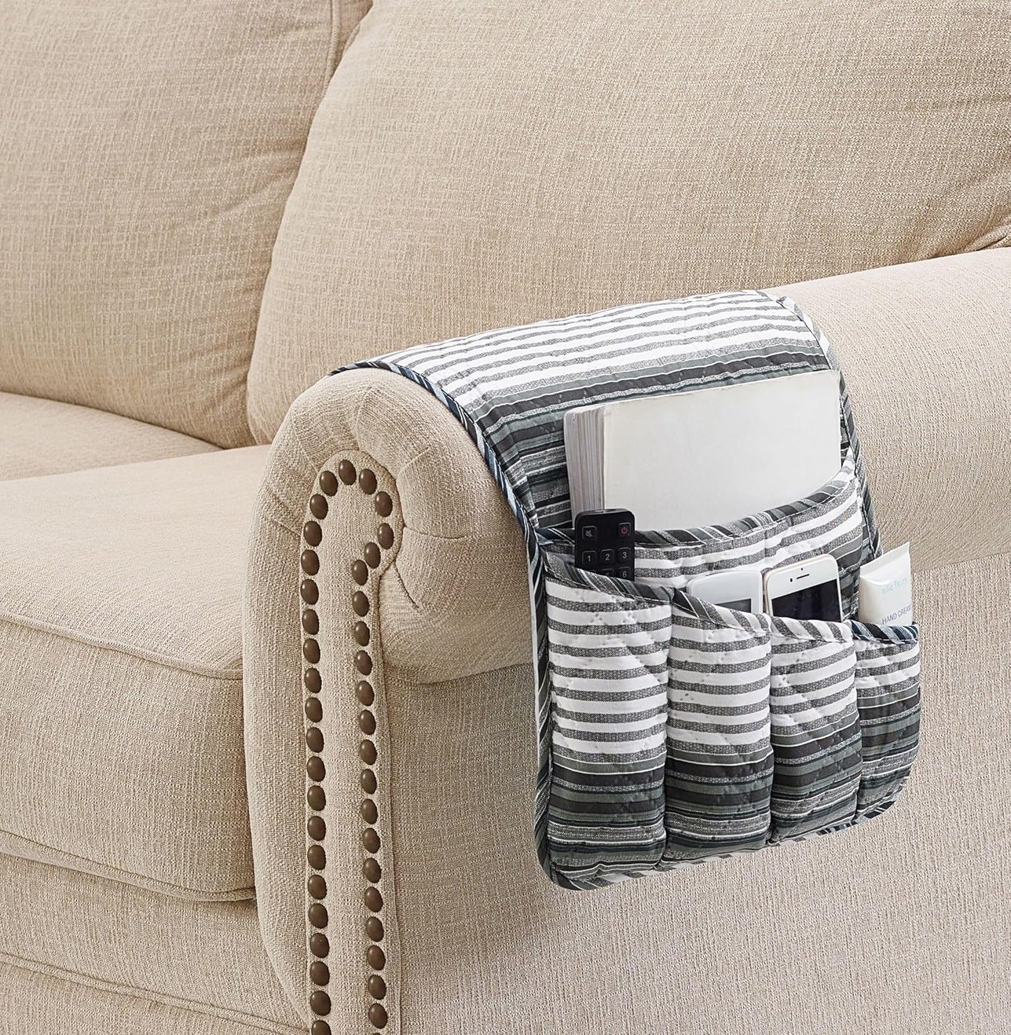 Brilliant Sunshine Multi Grey Stripes Patchwork Couch Armrest 5 Pockets Organizer, Slip Resistant Armchair Caddy, Washable Remote Controls Holder, Storage for Magazine, Tablet, Phone, iPad, Multi Grey