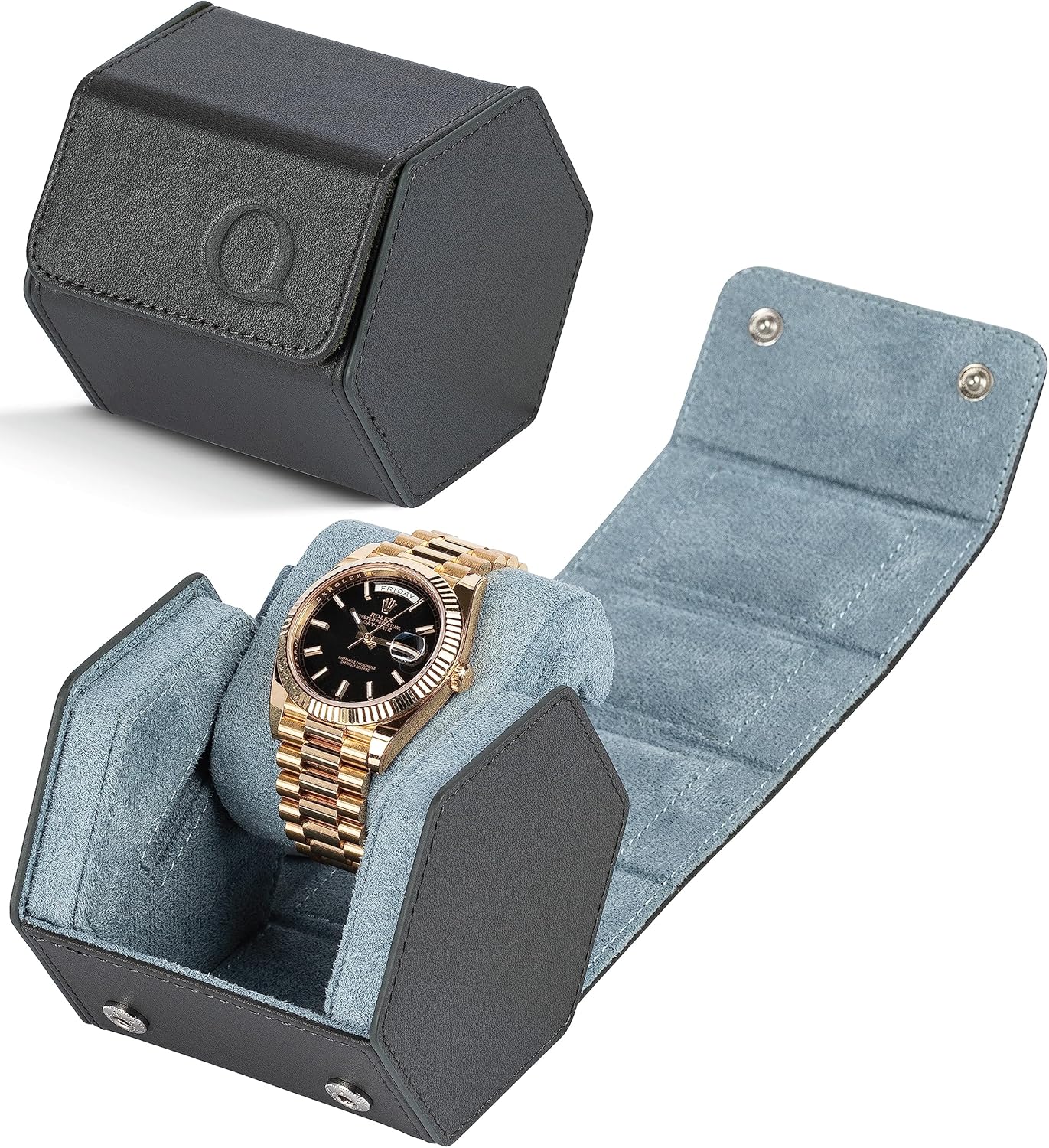 QWATCHBANDS Leather Watch Cases for Men - Hexagon Single & Double Watch Roll Travel Case - Genuine Napa Leather with Velvet Interior - Storage & Display Holder 1 or 2 Watches
