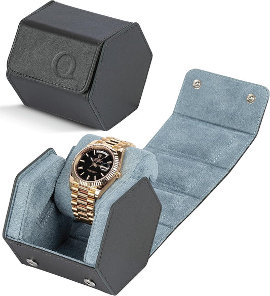 QWATCHBANDS Leather Watch Cases for Men - Hexagon Single & Double Watch Roll Travel Case - Genuine Napa Leather with Velvet Interior - Storage & Display Holder 1 or 2 Watches