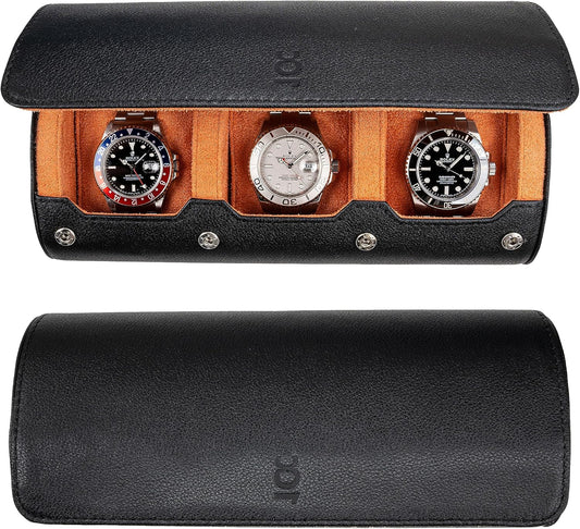 DailyWatch | Watch Roll Travel Case For 3 Watches | Luxury Watch Case In Genuine Black Leather With Soft Velvet Interior | Watch Case Protect, Store, & Display Your Watches | Black Orange