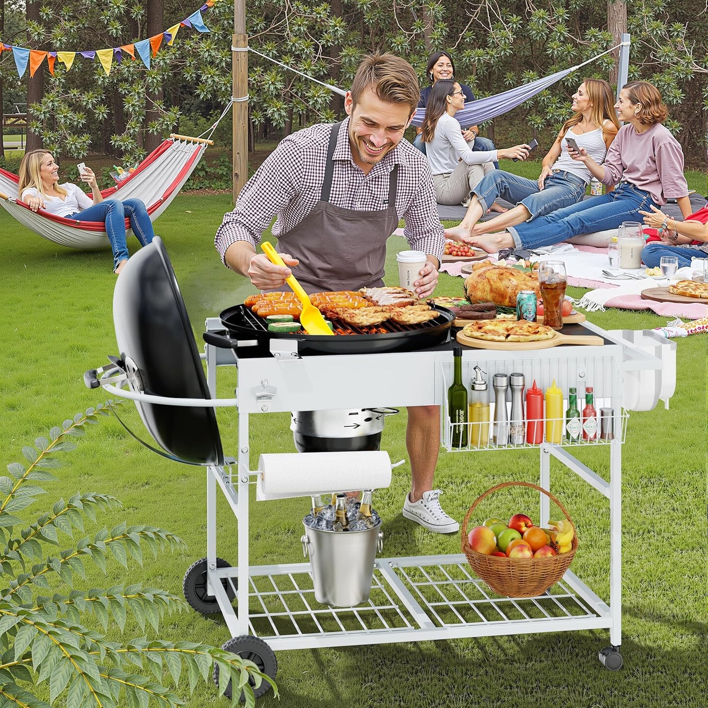 Shintenchi Grill Table for Weber 22" & 18" Original Kettle, Outdor Grill Cart with Wheels, Movable Outdoor Prep Table Cooking Station for JumboJoe and Master-Touch Charcoal Grill