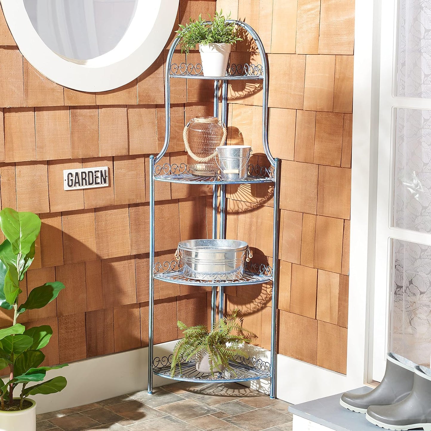 Safavieh PAT5013C Outdoor Collection Abarrane Antique Blue Wrought Iron 4-Tier Corner Shelf