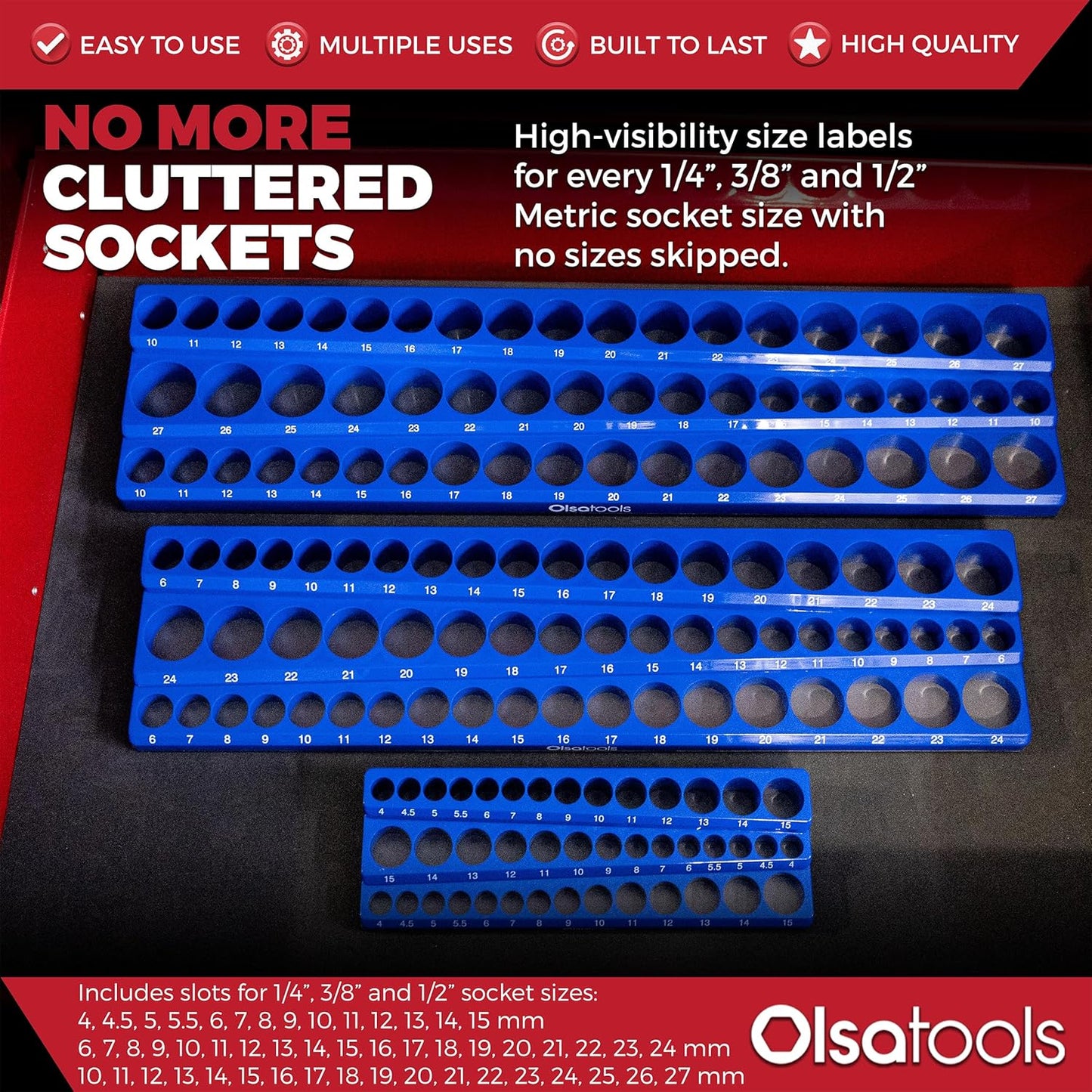 Olsa Tools 3-Row Magnetic Socket Organizer - Patented 3pc Socket Holder Kit - 1/2-Inch, 3/8-Inch, & 1/4-Inch Drive - Socket Organizers For Toolboxes - Blue - Holds 141 - Part 1562