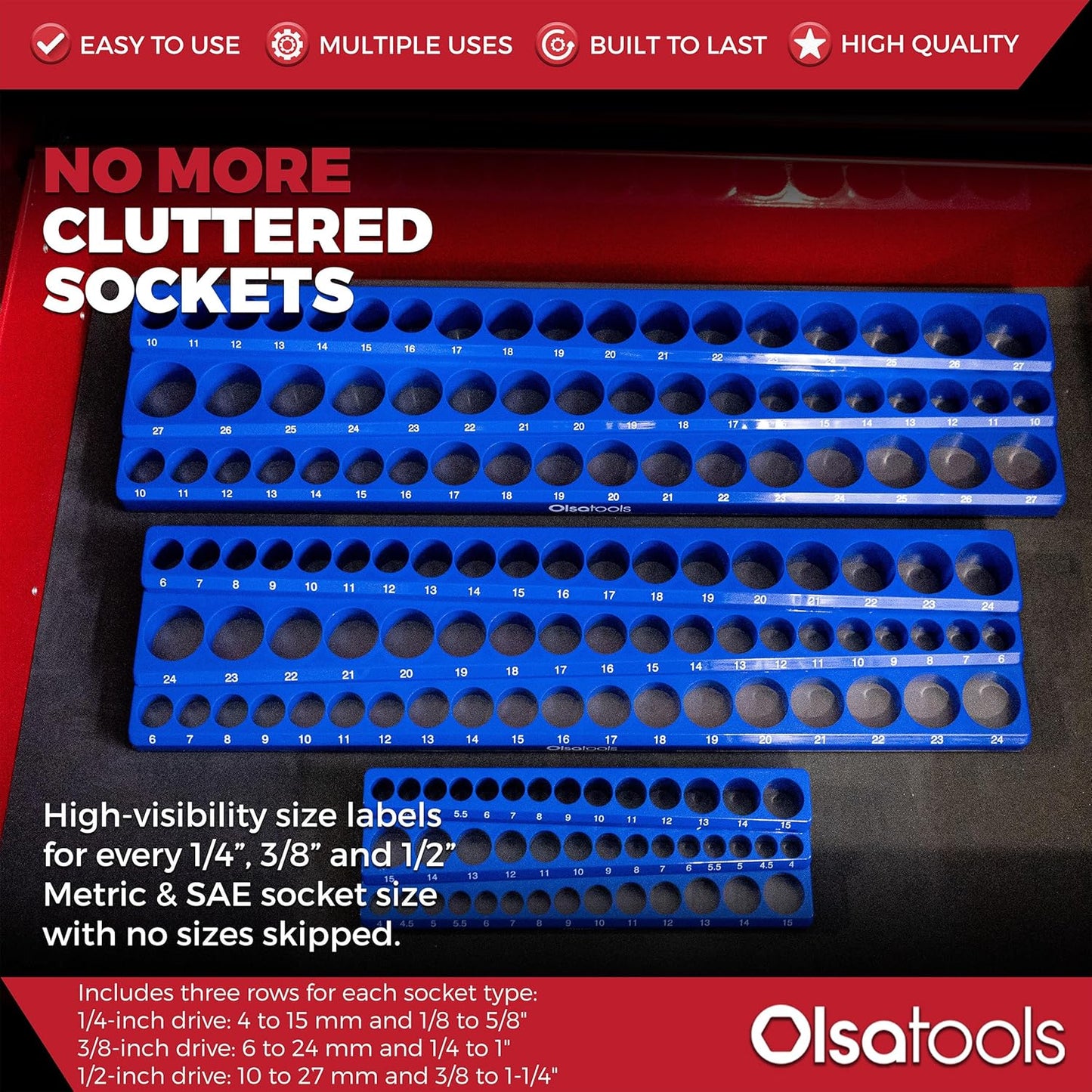 Olsa Tools Magnetic Socket Organizer | 6pc Socket Holder Kit | 1/2-Inch, 3/8-Inch, & 1/4-Inch Drive | Socket Organizers For Toolboxes | Green | Holds 273 | Professional-Grade Tool Organizer |Part 1668