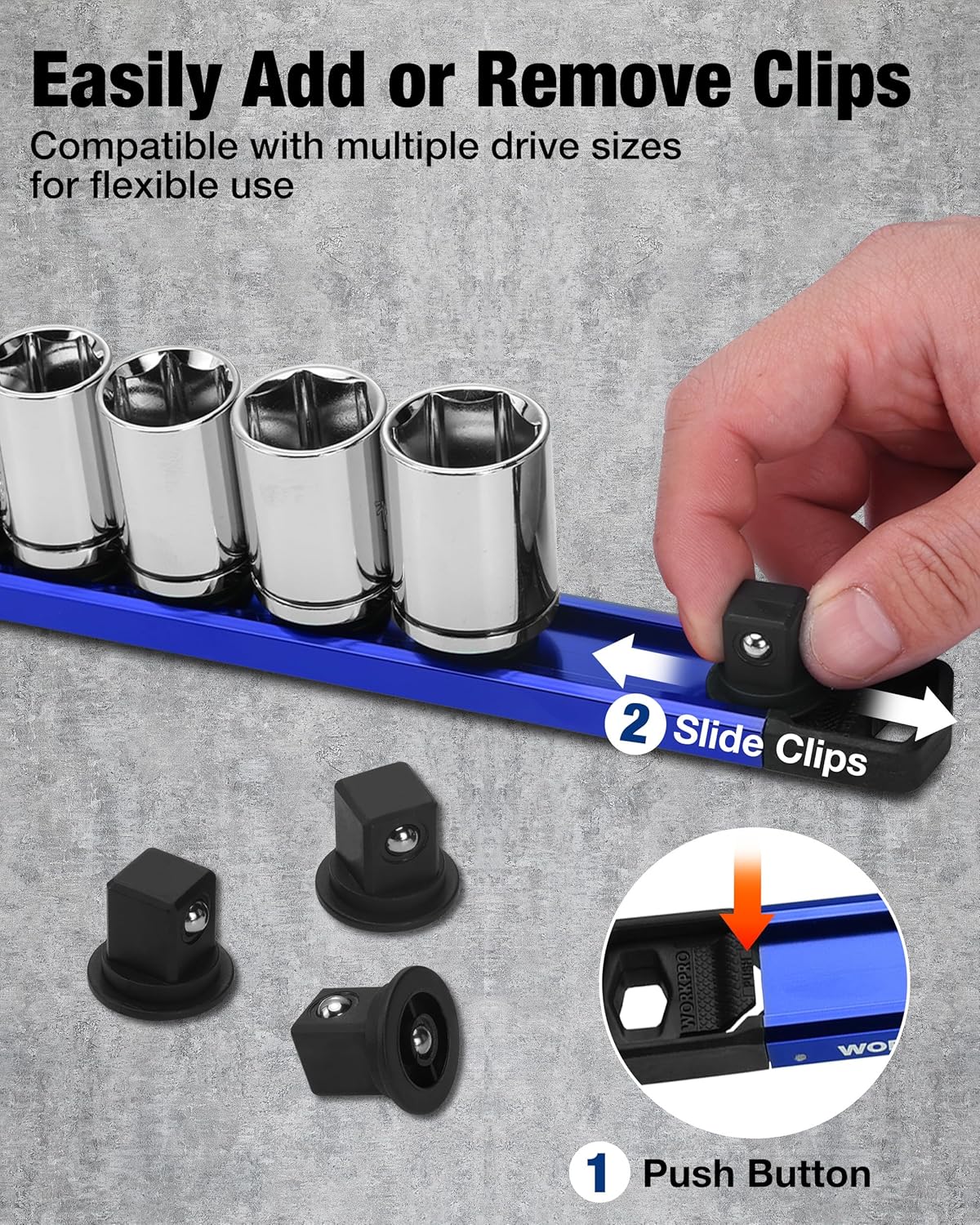 WORKPRO Magnetic Socket Organizer, 1/2" Drive Aluminum Alloy Socket Holder, Heavy Duty Socket Rail with 10 PC Removable Socket Clips, Socket Organizer Tray for Tool Box Drawer (Sockets Not Included)