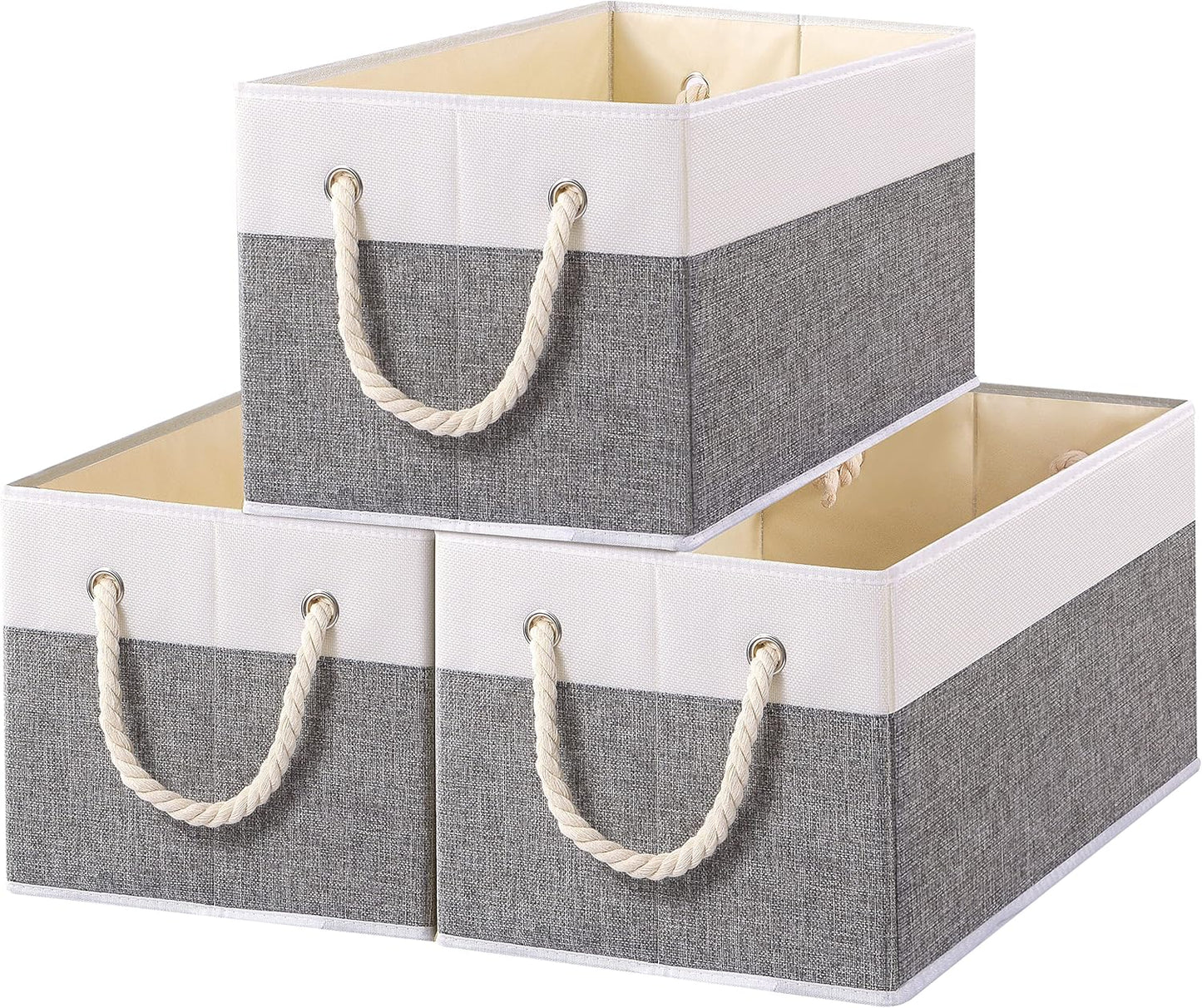 Yawinhe Foldable Storage Baskets for Shelves, Fabric Storage Cubes with Rope Handle, Closet Organizers for Clothes, 3-Pack, 14.96''Lx9.84''Wx8.26''H, White/Grey