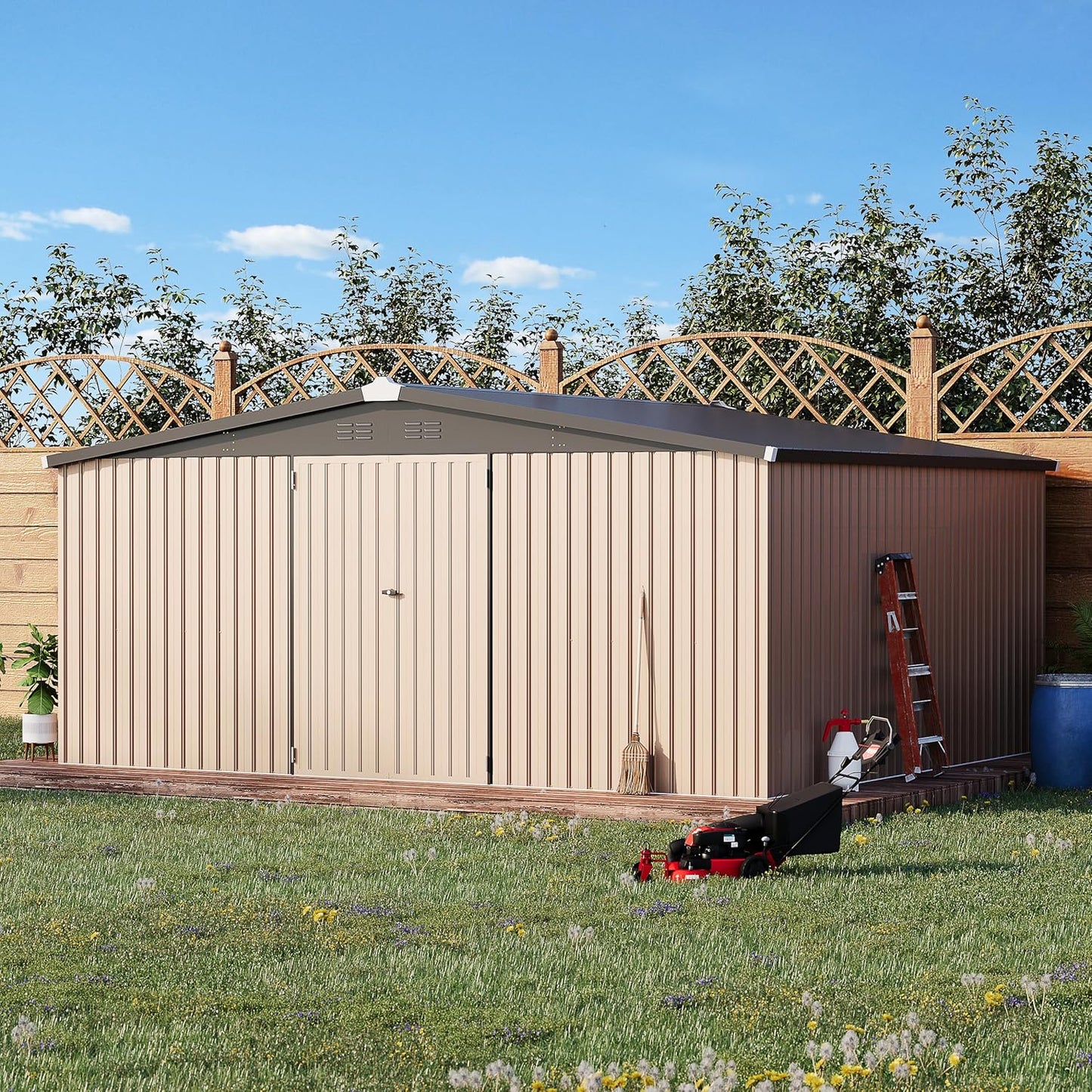 AECOJOY 12' x 14' Shed Outdoor Metal Storage, Large Storage Sheds & Outdoor Storage Clearance 14' x 12', Large Steel Yard Shed, Tool Storage for Garden, Backyard, Patio, Outside use in Grey