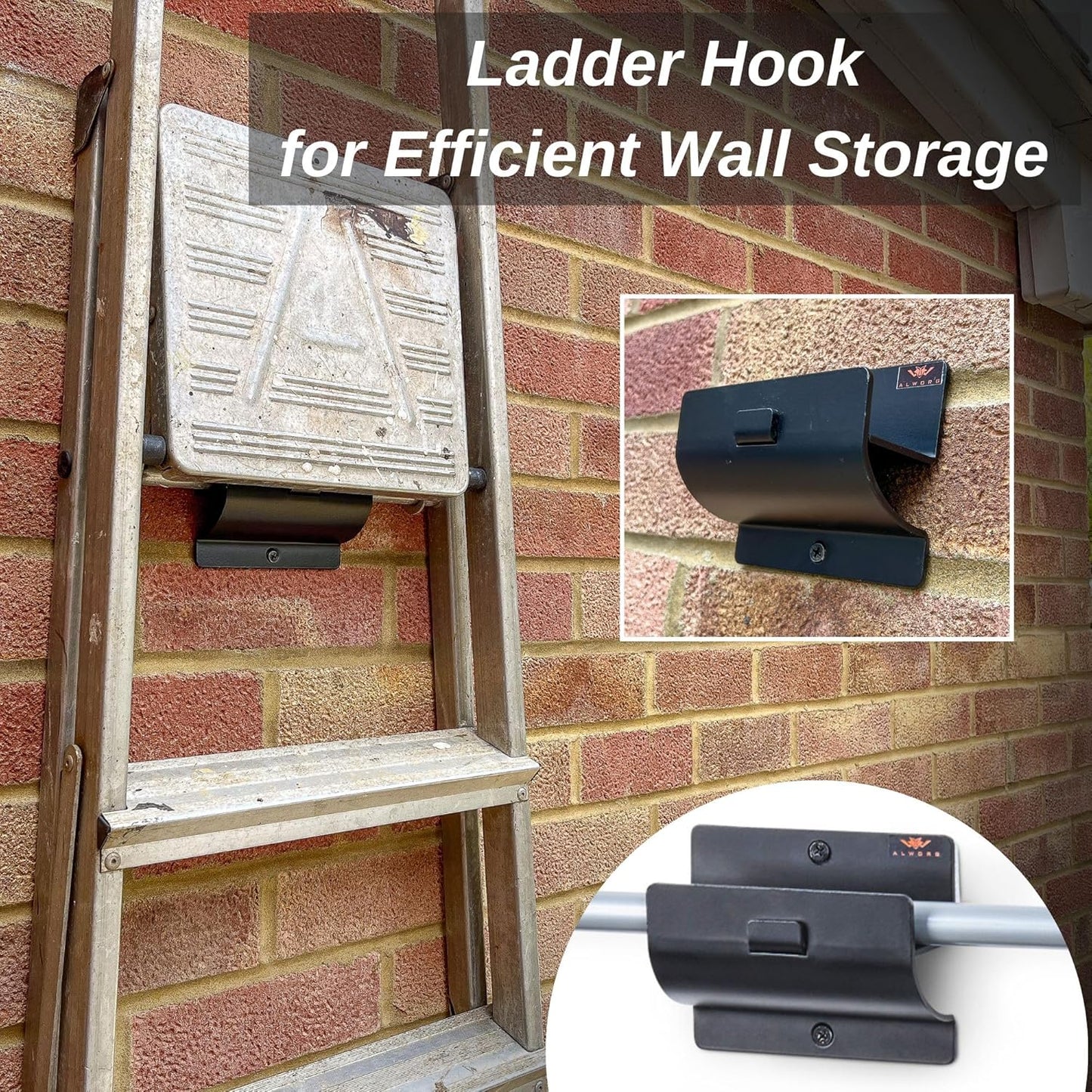 Ladder Hanger set of 4 For Garage Wall - Black Heavy Duty Utility Hook For Wall Mount Ladder Storage. Versatile Tool Holder To Maximize Space In Garden, Shed, Workshop, Hang Wheelbarrow, Folding Chair