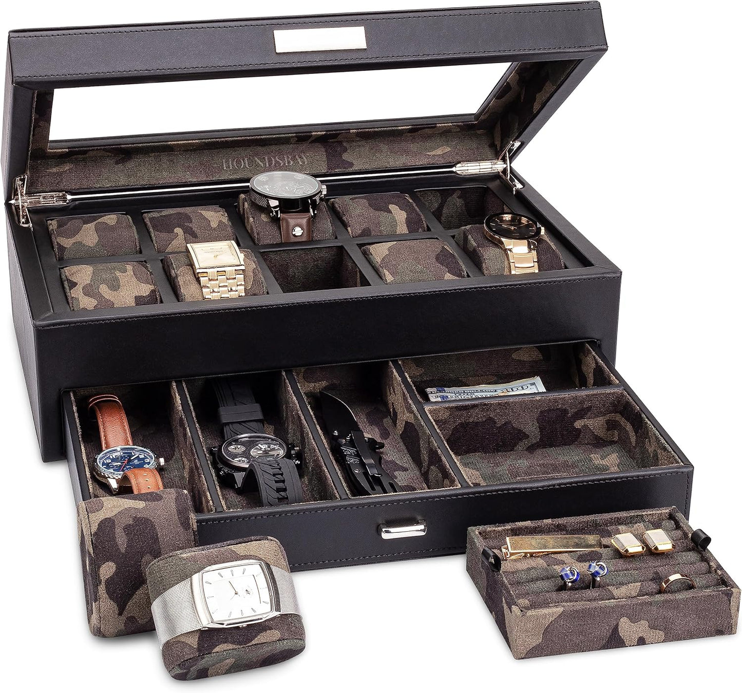 HOUNDSBAY Yachtsman Large Watch Box Jewelry Organizer for Men, Camo Gifts for Men, Jewelry Box Organizer, Watch Display & EDC Storage Drawer, Watch Case