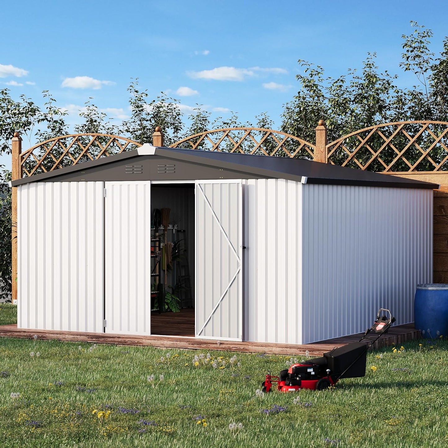 AECOJOY 12' x 12' Outdoor Storage Shed, Large Metal Sheds & Outdoor Storage Clearance Steel Yard Shed with Lockable Doors, Utility and Tool Storage Garden Shed for Backyard, Patio and Outside