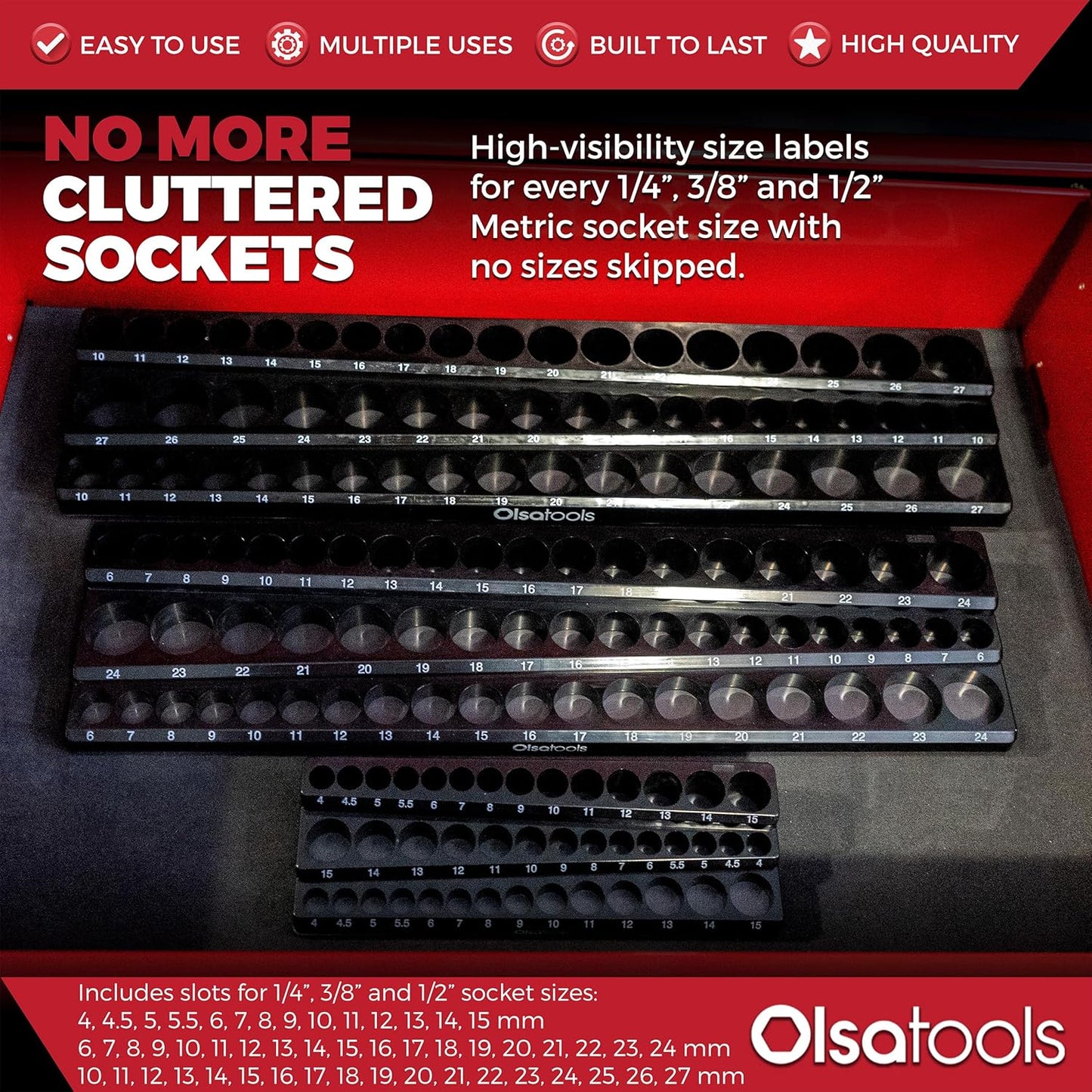 Olsa Tools Magnetic Socket Organizer | 3pc Socket Holder Kit | 1/2-Inch, 3/8-Inch, 1/4-Inch Drive | Socket Organizers For Toolboxes | Black | Holds 141 | Professional-Grade Tool Organizer | Part 1563