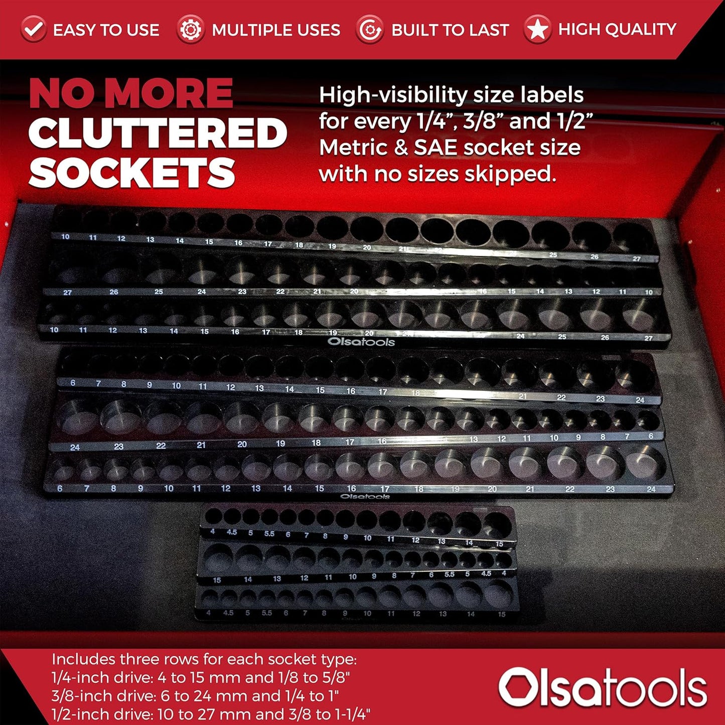Olsa Tools Magnetic Socket Organizer | 6pc Socket Holder Kit | 1/2-Inch, 3/8-Inch, & 1/4-Inch Drive | Socket Organizers For Toolboxes | Black | Holds 273 | Professional-Grade Tool Organizer |Part 1666