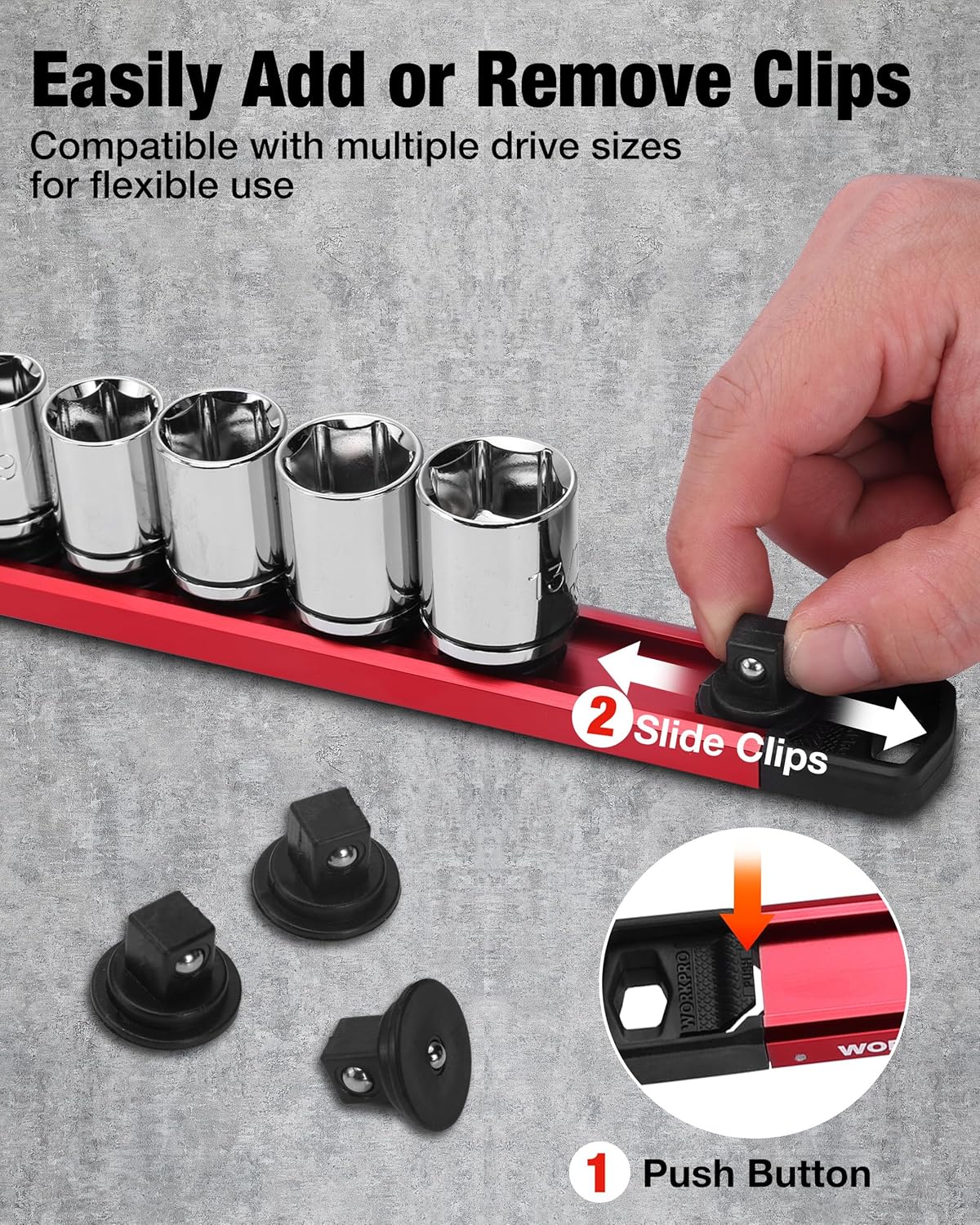 WORKPRO Magnetic Socket Organizer, 3/8" Drive Aluminum Alloy Socket Holder, Heavy Duty Socket Rail with 10 PC Removable Socket Clips, Socket Organizer Tray for Tool Box Drawer (Sockets Not Included)