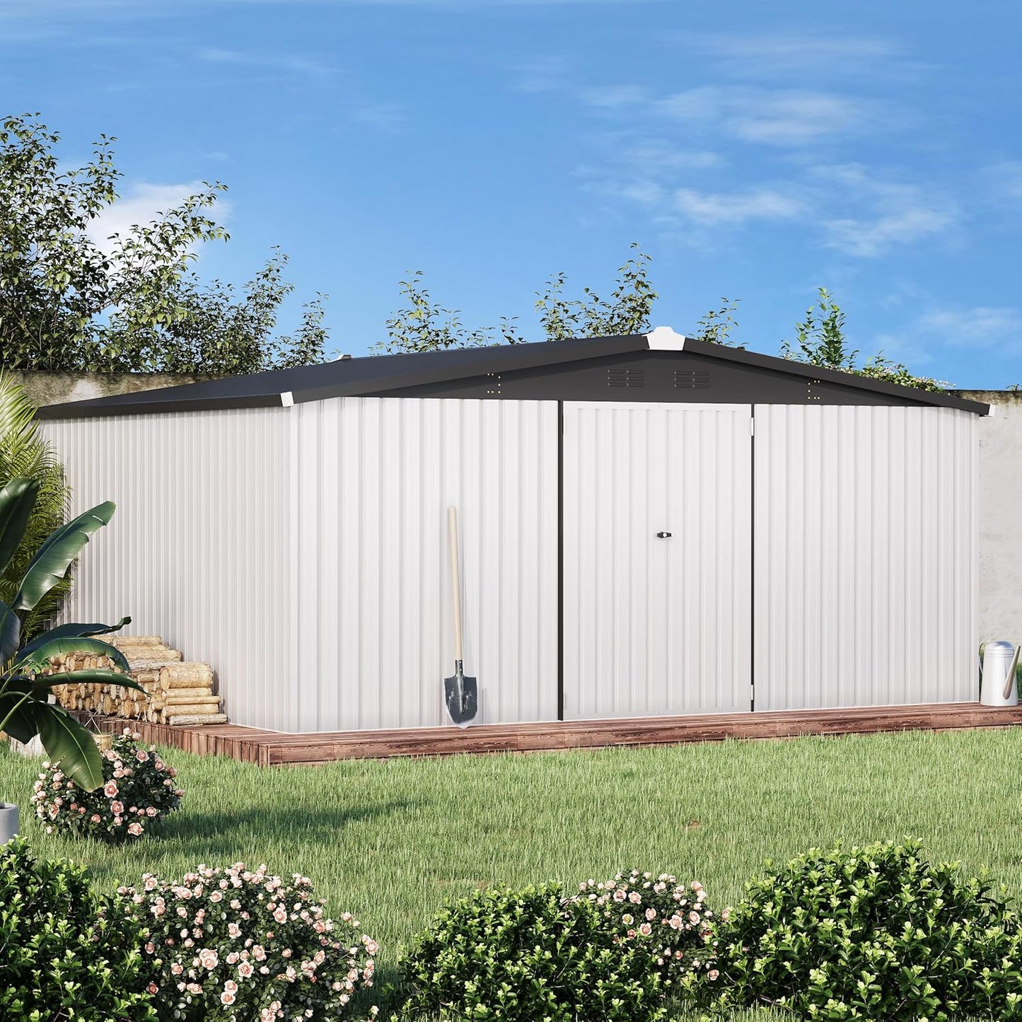 AECOJOY 12' x 14' Outdoor Storage Shed, Large 14x12 Metal Sheds & Outdoor Storage Clearance Steel Yard Shed with Lockable Doors, Utility Tool Storage Garden Shed for Backyard, Patio and Outside use