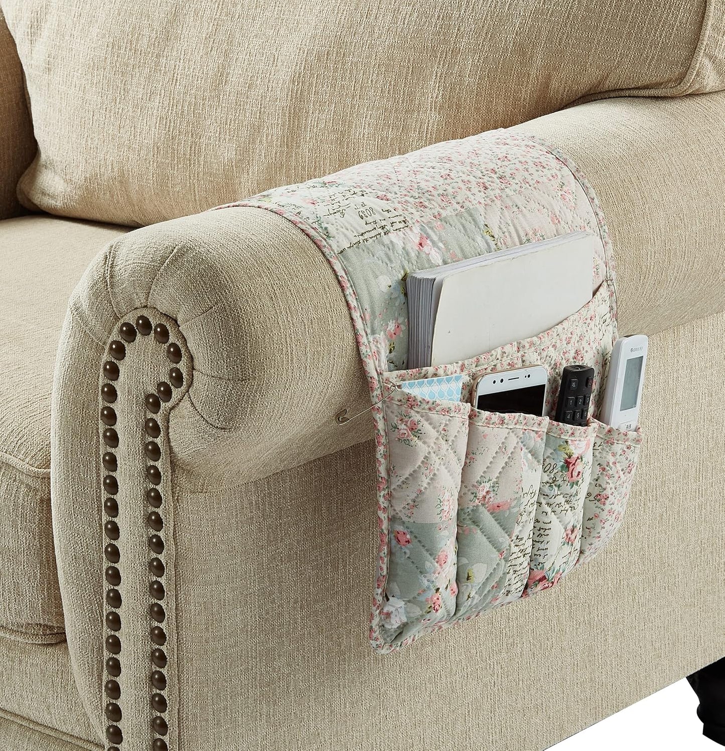 Brilliant Sunshine Rose and Sage Patchwork Sofa Armrest 5 Pockets Organizer, Slip Resistant Armchair Caddy, Washable Remote Controls Holder, Storage for Magazine, Tablet, Phone, iPad,35×13",Rose Sage