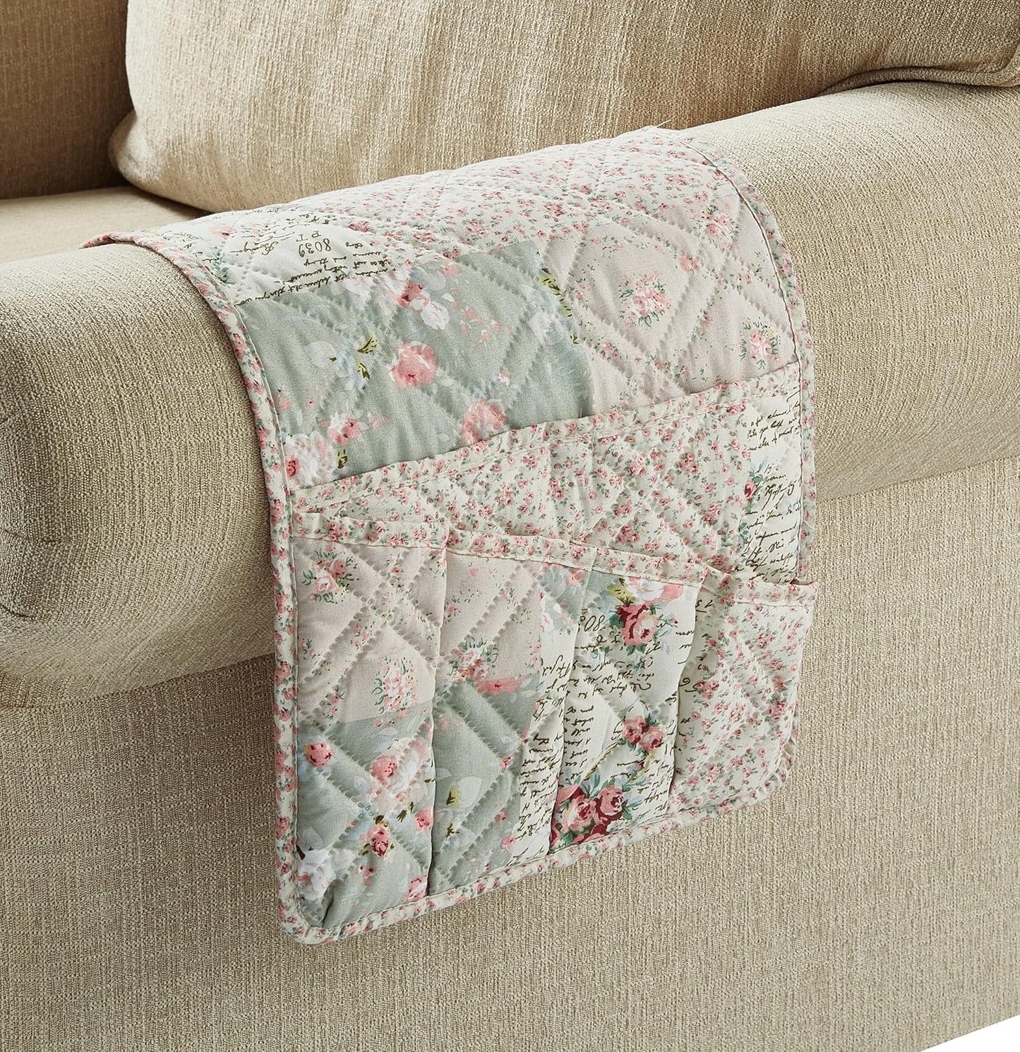 Brilliant Sunshine Rose and Sage Patchwork Sofa Armrest 5 Pockets Organizer, Slip Resistant Armchair Caddy, Washable Remote Controls Holder, Storage for Magazine, Tablet, Phone, iPad,35×13",Rose Sage