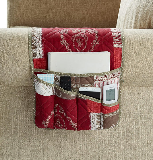 Brilliant Sunshine Burgundy Floral Patchwork Couch Armrest 5 Pockets Organizer, Slip Resistant Armchair Caddy, Washable Remote Controls Holder, Storage for Magazine, Tablet, iPad, 35×13", Burgundy