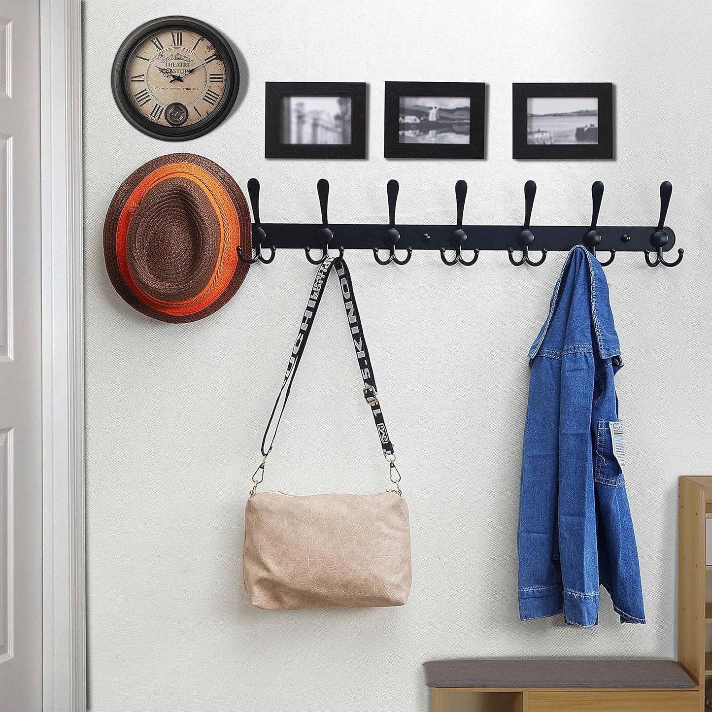 Dseap Coat Rack Wall Mount - 29.5” Long 8-Tri-Hooks Heavy Duty Coat Hanger Rail Wall Hooks for Hanging Coats Hats Clothing Clothes Purse Mudroom Entryway, Black, Pack of 2
