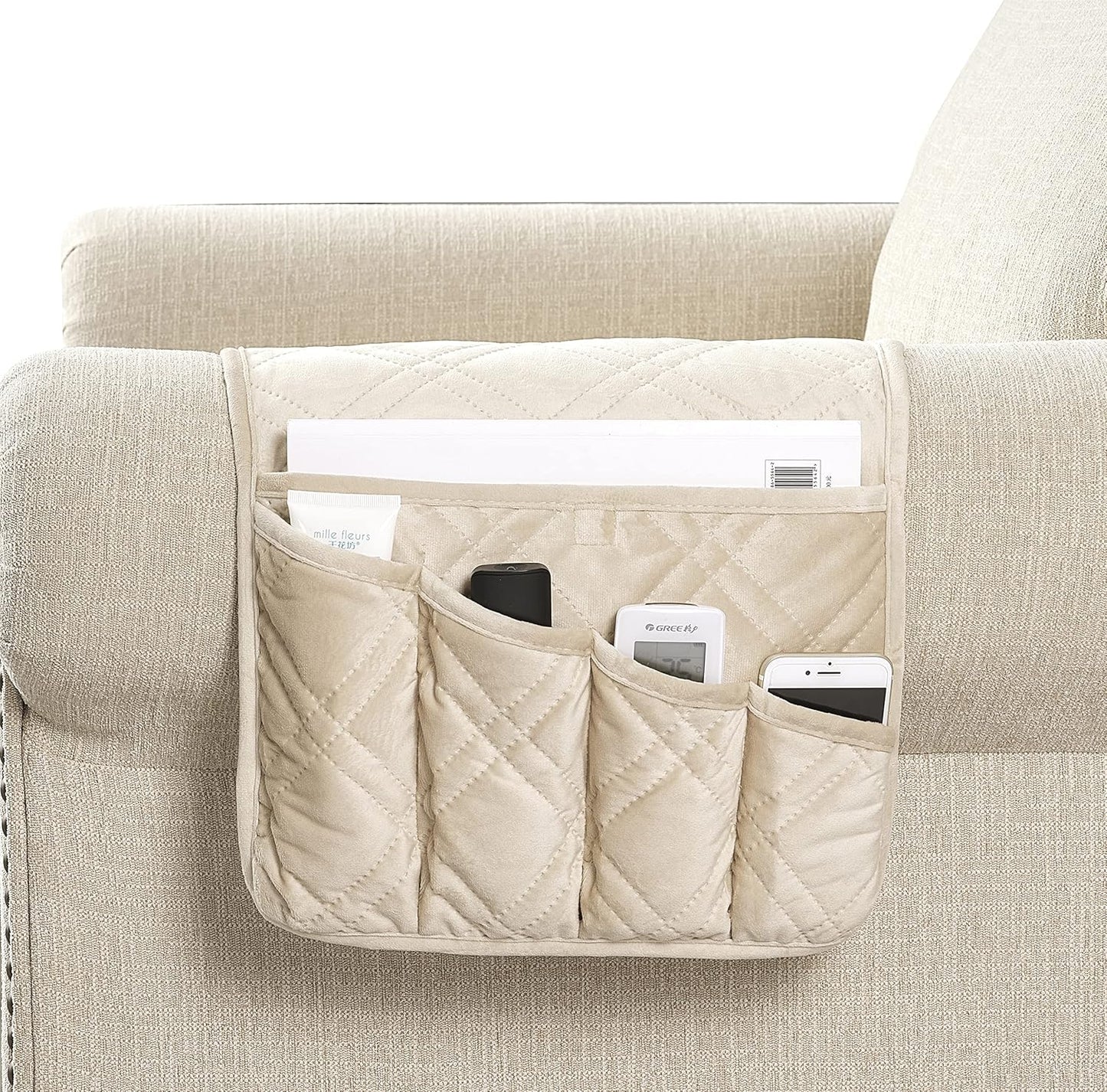 Brilliant Sunshine Beige Velvet Couch Armrest 5 Pockets Organizer, Slip Resistant Recliner Armchair Caddy, Washable Remote Controls Holder, Storage for Magazine, Tablet, Phone, 35×13", Beige Natural