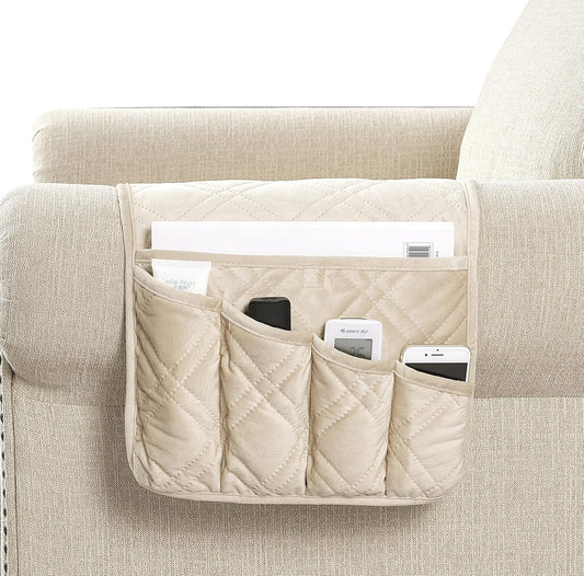 Brilliant Sunshine Beige Velvet Couch Armrest 5 Pockets Organizer, Slip Resistant Recliner Armchair Caddy, Washable Remote Controls Holder, Storage for Magazine, Tablet, Phone, 35×13", Beige Natural
