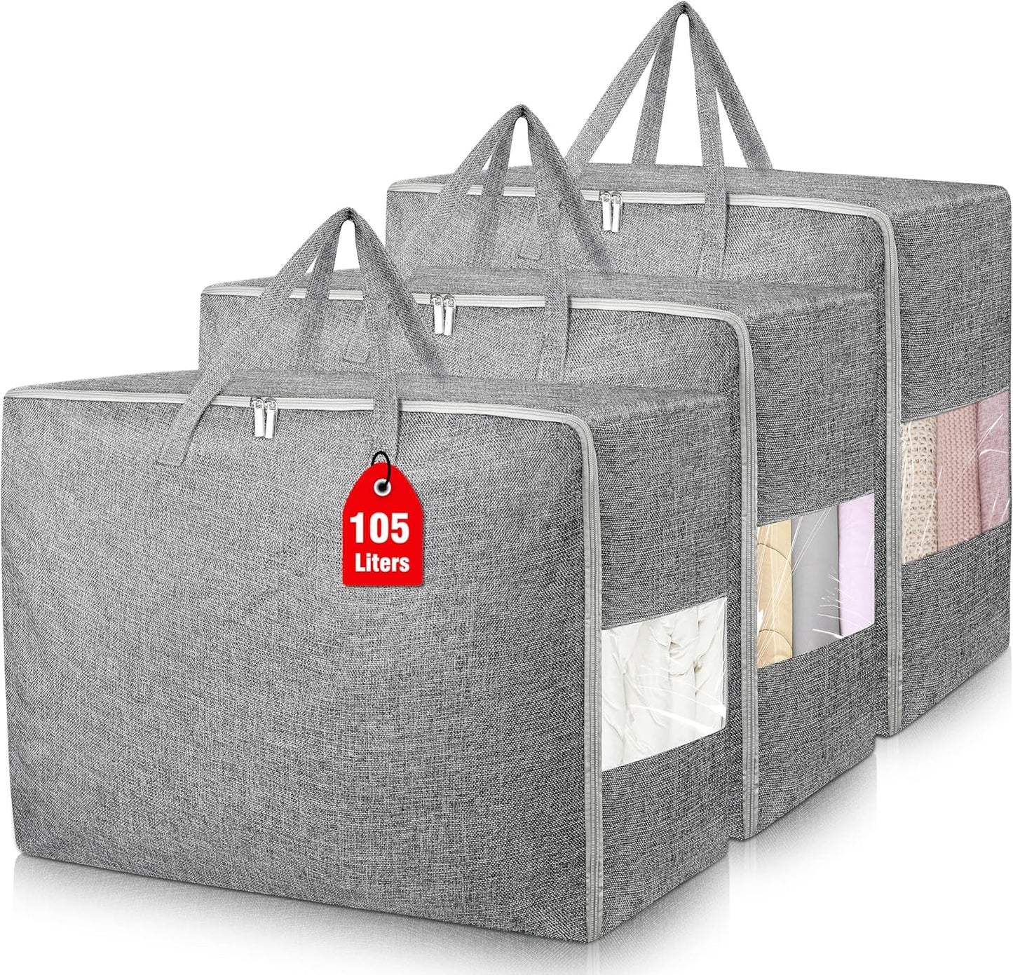 Extra Large Storage Bags, Folding Moving Comforter Blanket Storage Bags Closet Organizers and Storage Containers for Clothes with Clear Window for Bedding Pillow (Grey, 3 x 105L)