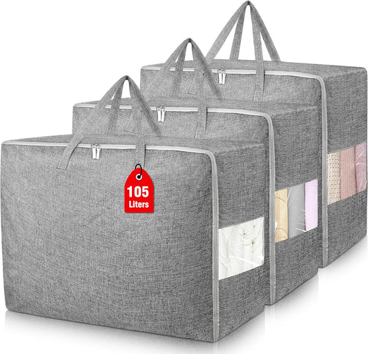 Extra Large Storage Bags, Folding Moving Comforter Blanket Storage Bags Closet Organizers and Storage Containers for Clothes with Clear Window for Bedding Pillow (Grey, 3 x 105L)