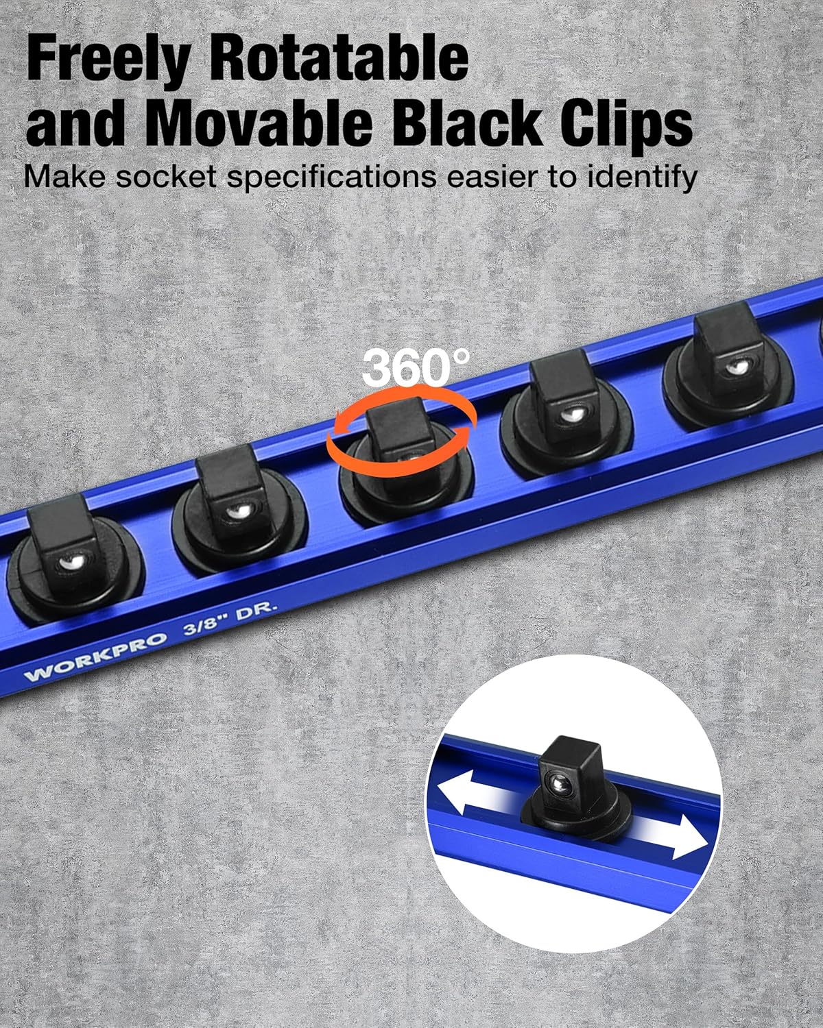 WORKPRO Magnetic Socket Organizer, 3/8" Drive Aluminum Alloy Socket Holder, Heavy Duty Socket Rail with 10 PC Removable Socket Clips, Socket Organizer Tray for Tool Box Drawer (Sockets Not Included)