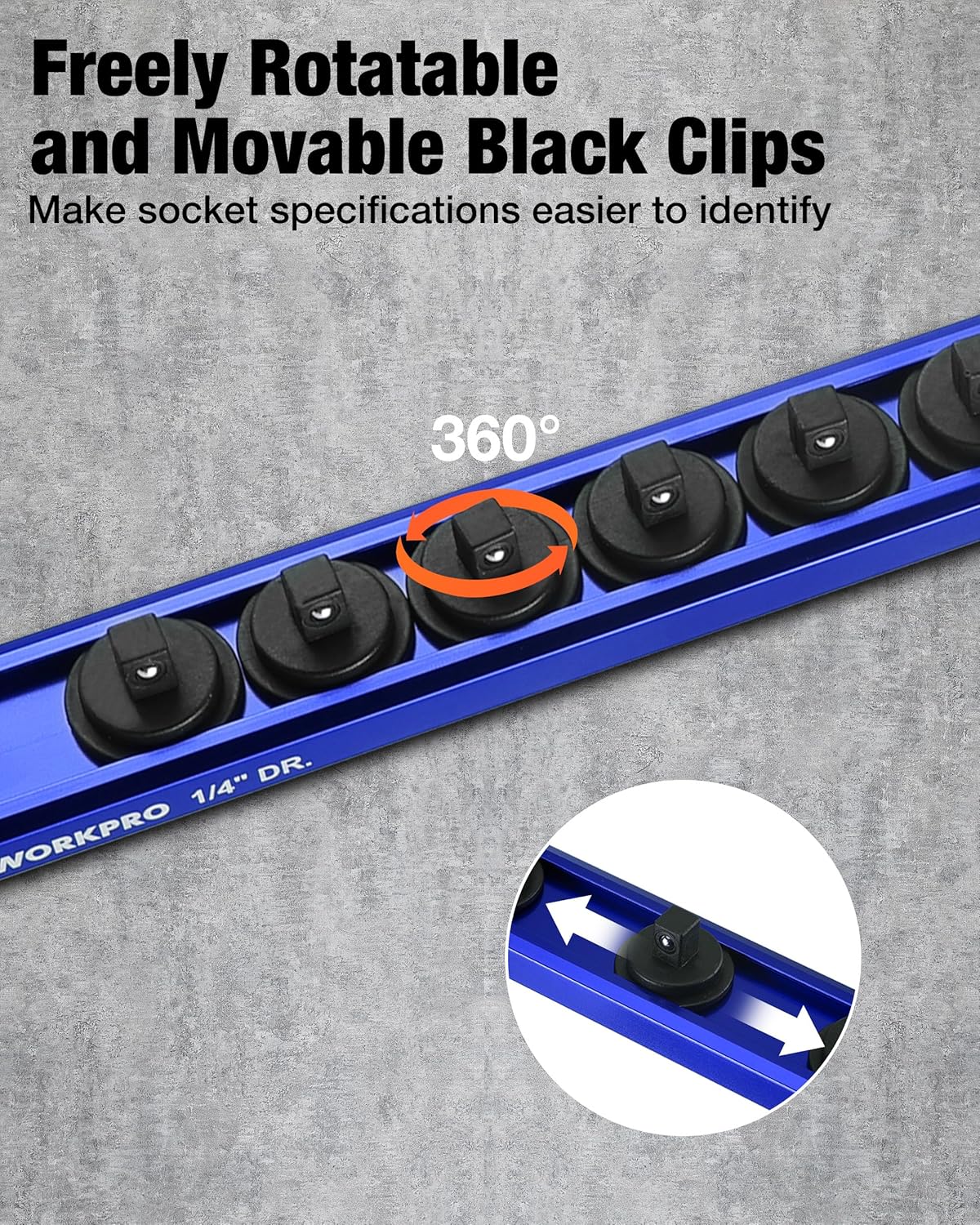 WORKPRO Magnetic Socket Organizer, 1/4" Drive Aluminum Alloy Socket Holder, Heavy Duty Socket Rail with 12 PC Removable Socket Clips, Socket Organizer Tray for Tool Box Drawer (Sockets Not Included)