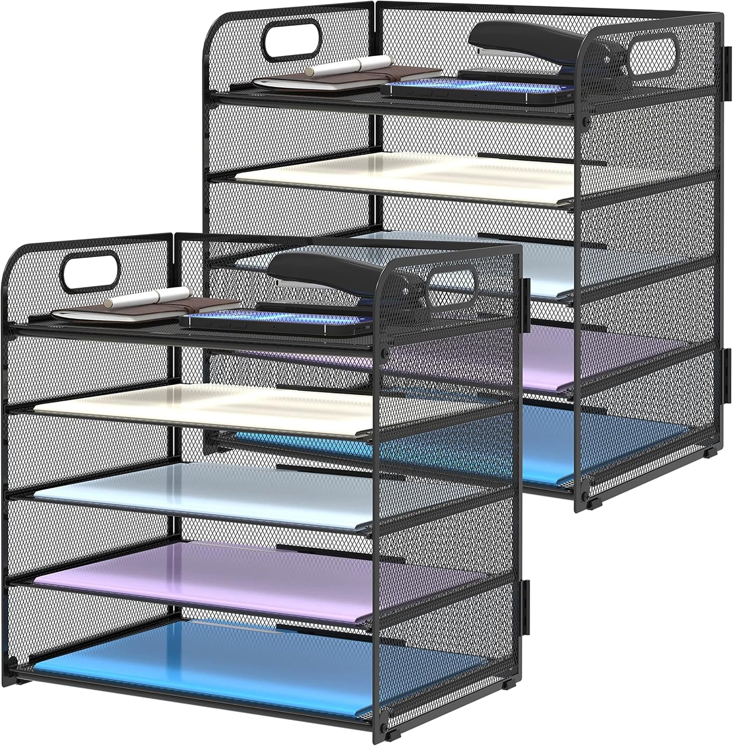 Supeasy 2 Pack 5-Tier Desk Organizer with Handle Mesh Desk File/Paper Organizer Letter Tray for Office, School and Home Easy Installation, Black