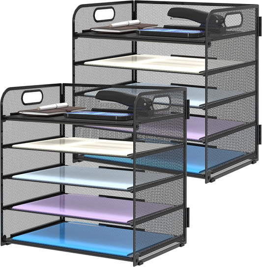 Supeasy 2 Pack 5-Tier Desk Organizer with Handle Mesh Desk File/Paper Organizer Letter Tray for Office, School and Home Easy Installation, Black