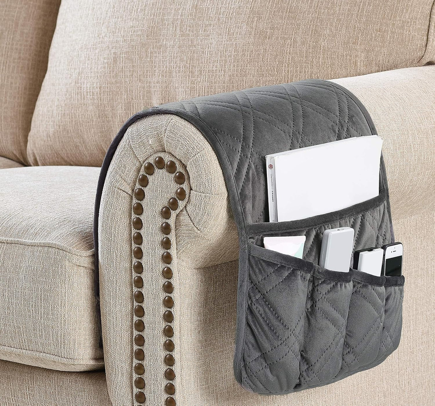 Brilliant Sunshine Grey Velvet Couch Sofa Armrest 5 Pockets Organizer, Slip Resistant Recliner Armchair Caddy, Washable Remote Controls Holder, Storage for Magazine, Tablet, Phone, iPad, 35×13", Grey