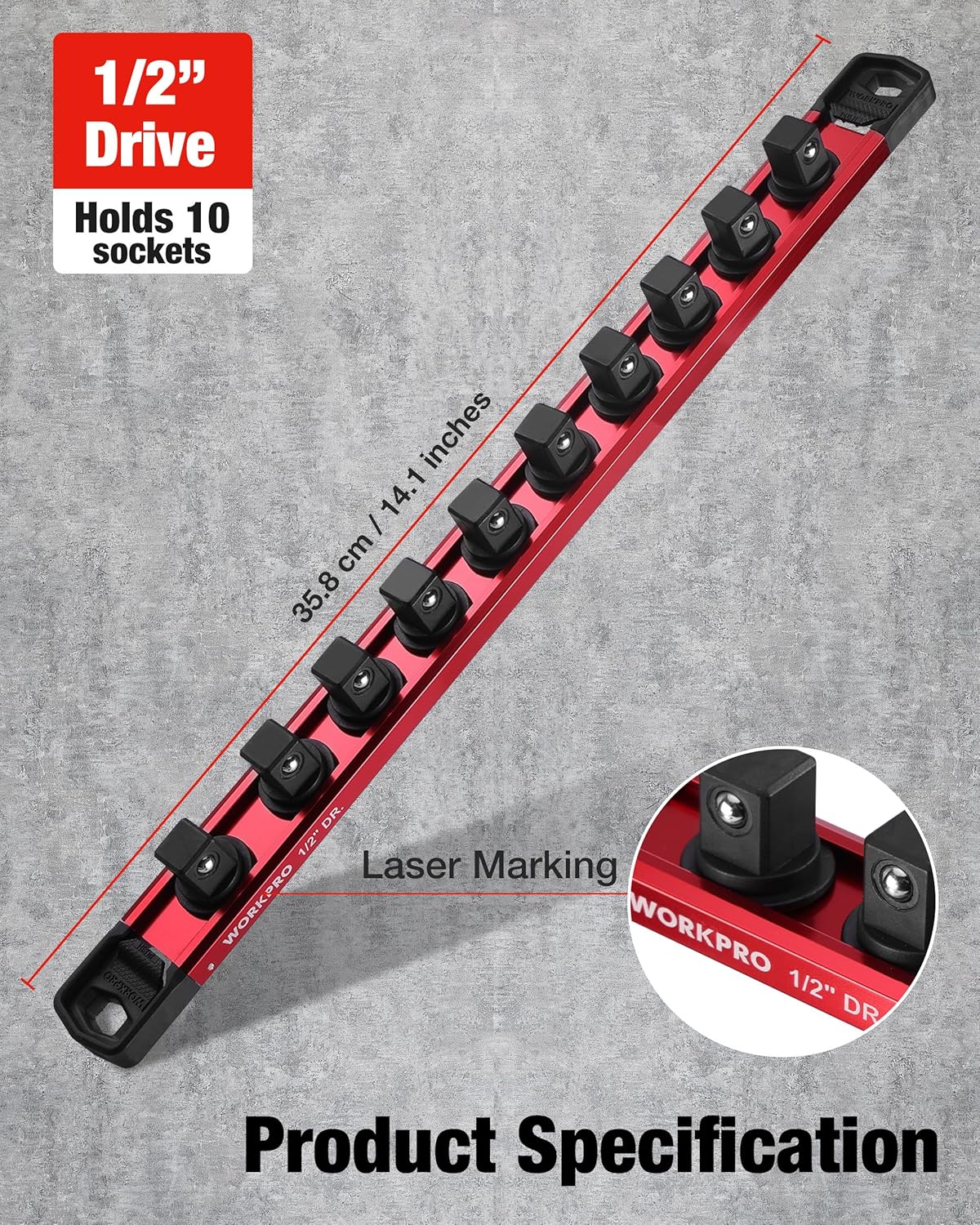 WORKPRO Magnetic Socket Organizer, 1/2" Drive Aluminum Alloy Socket Holder, Heavy Duty Socket Rail with 10 PC Removable Socket Clips, Socket Organizer Tray for Tool Box Drawer (Sockets Not Included)