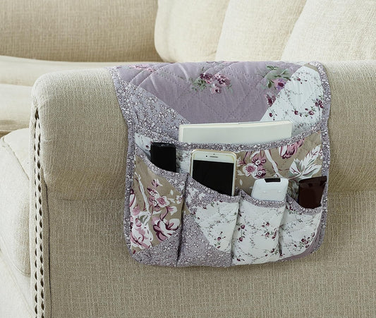Brilliant Sunshine Lilac Rose Patchwork Couch Armrest 5 Pockets Organizer, Slip Resistant Recliner Armchair Caddy, Washable Remote Controls Holder, Storage for Magazine, Tablet, Phone, iPad, Lilac