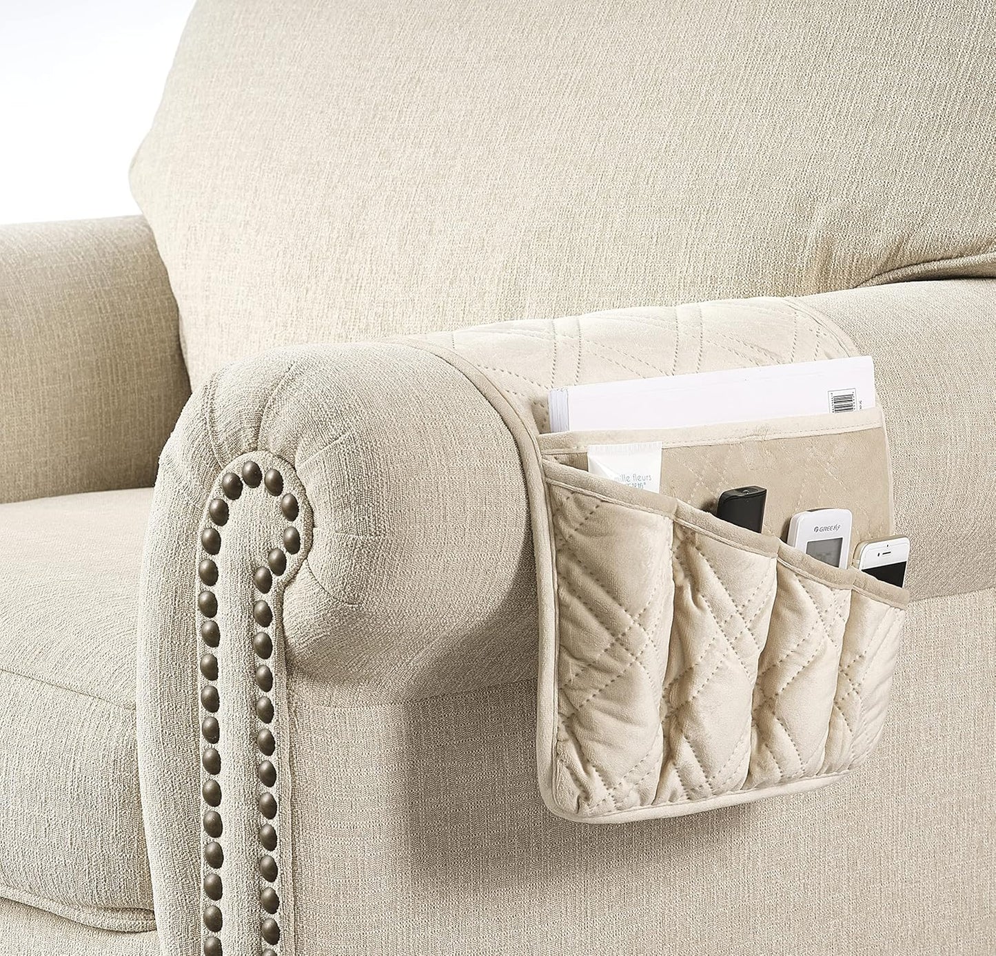 Brilliant Sunshine Beige Velvet Couch Armrest 5 Pockets Organizer, Slip Resistant Recliner Armchair Caddy, Washable Remote Controls Holder, Storage for Magazine, Tablet, Phone, 35×13", Beige Natural