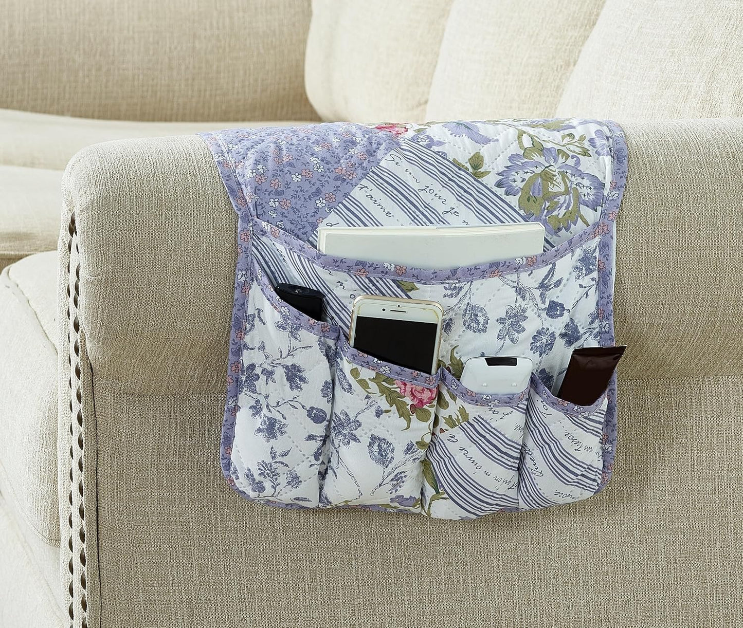 Brilliant Sunshine Rose Violet Patchwork Couch Armrest 5 Pockets Organizer, Slip Resistant Recliner Armchair Caddy, Washable Remote Controls Holder, Storage for Magazine, Tablet, Phone, Rose Violet