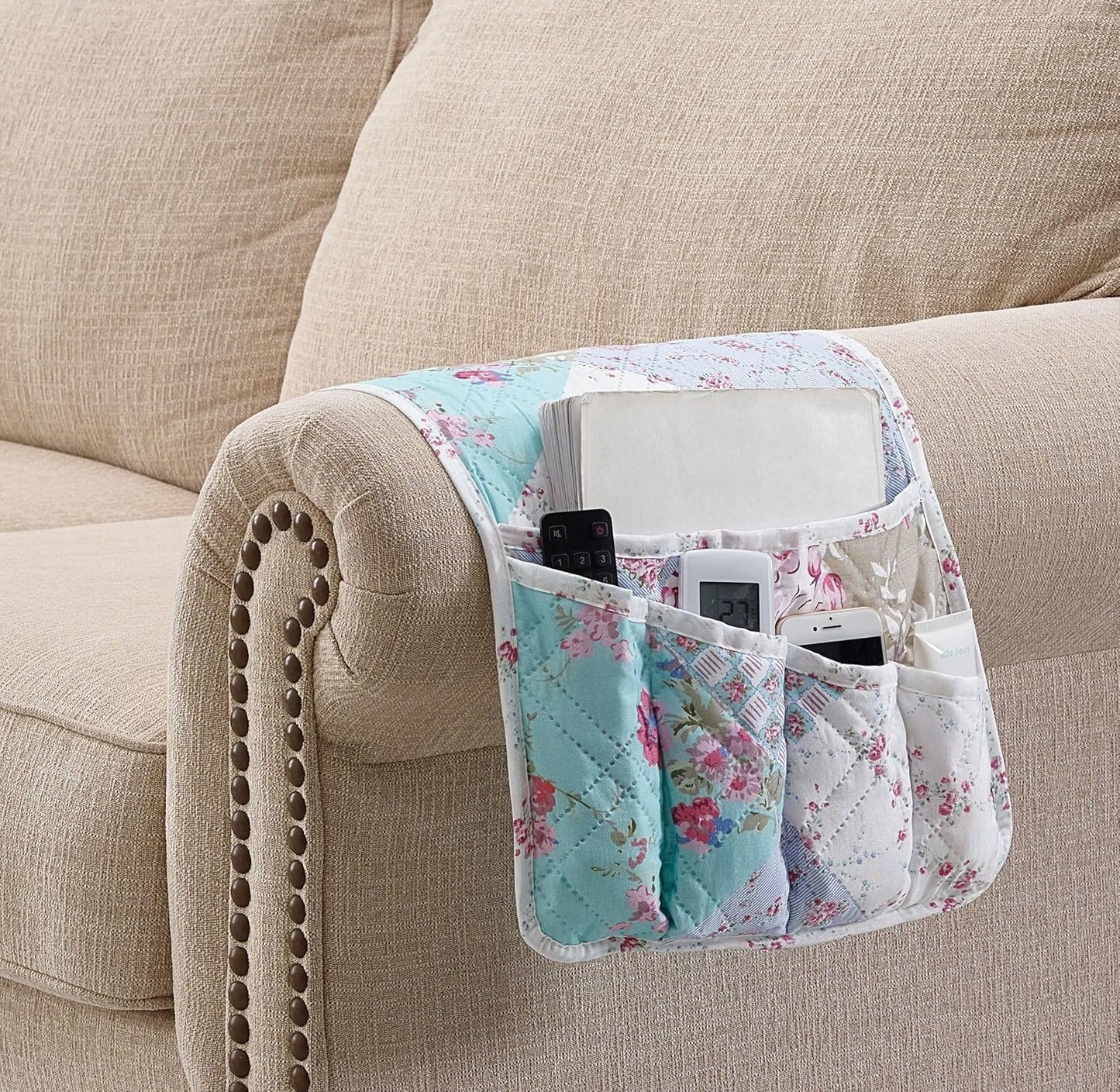Brilliant Sunshine Blue and Green Rose Patchwork Couch Armrest 5 Pockets Organizer, Slip Resistant Armchair Caddy, Washable Remote Controls Holder, Storage for Magazine, Tablet, Phone, Blue Green