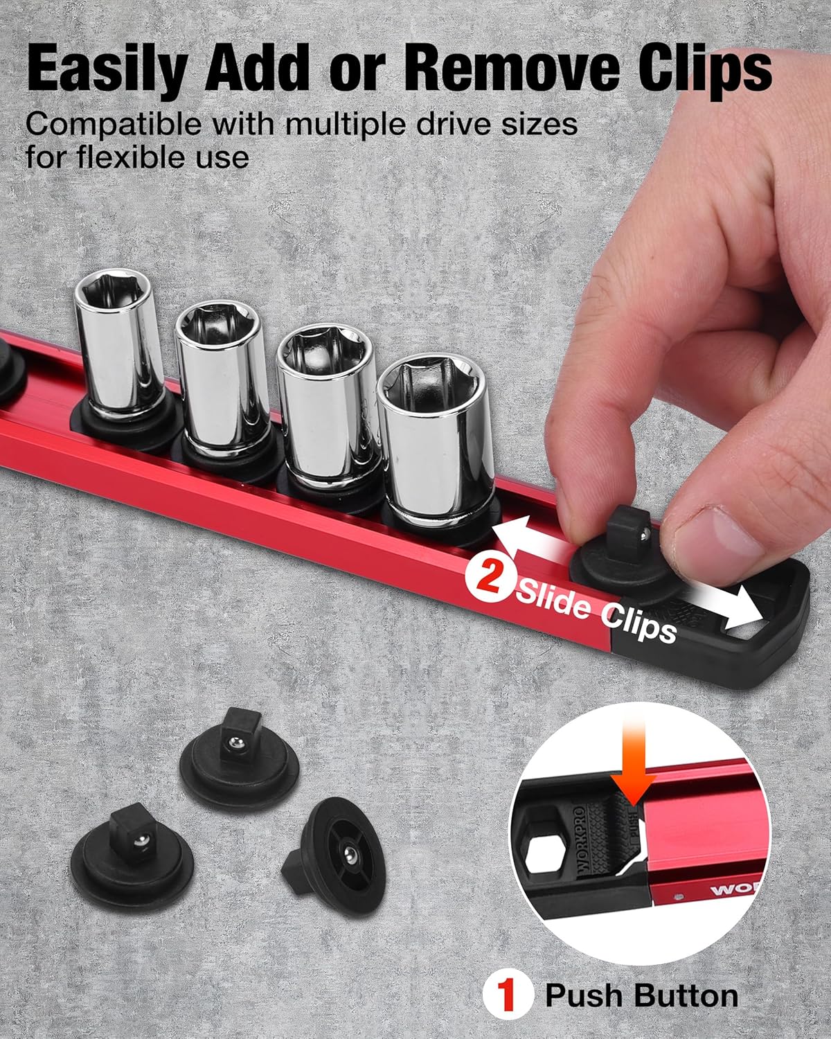 WORKPRO Magnetic Socket Organizer, 1/4" Drive Aluminum Alloy Socket Holder, Heavy Duty Socket Rail with 12 PC Removable Socket Clips, Socket Organizer Tray for Tool Box Drawer (Sockets Not Included)