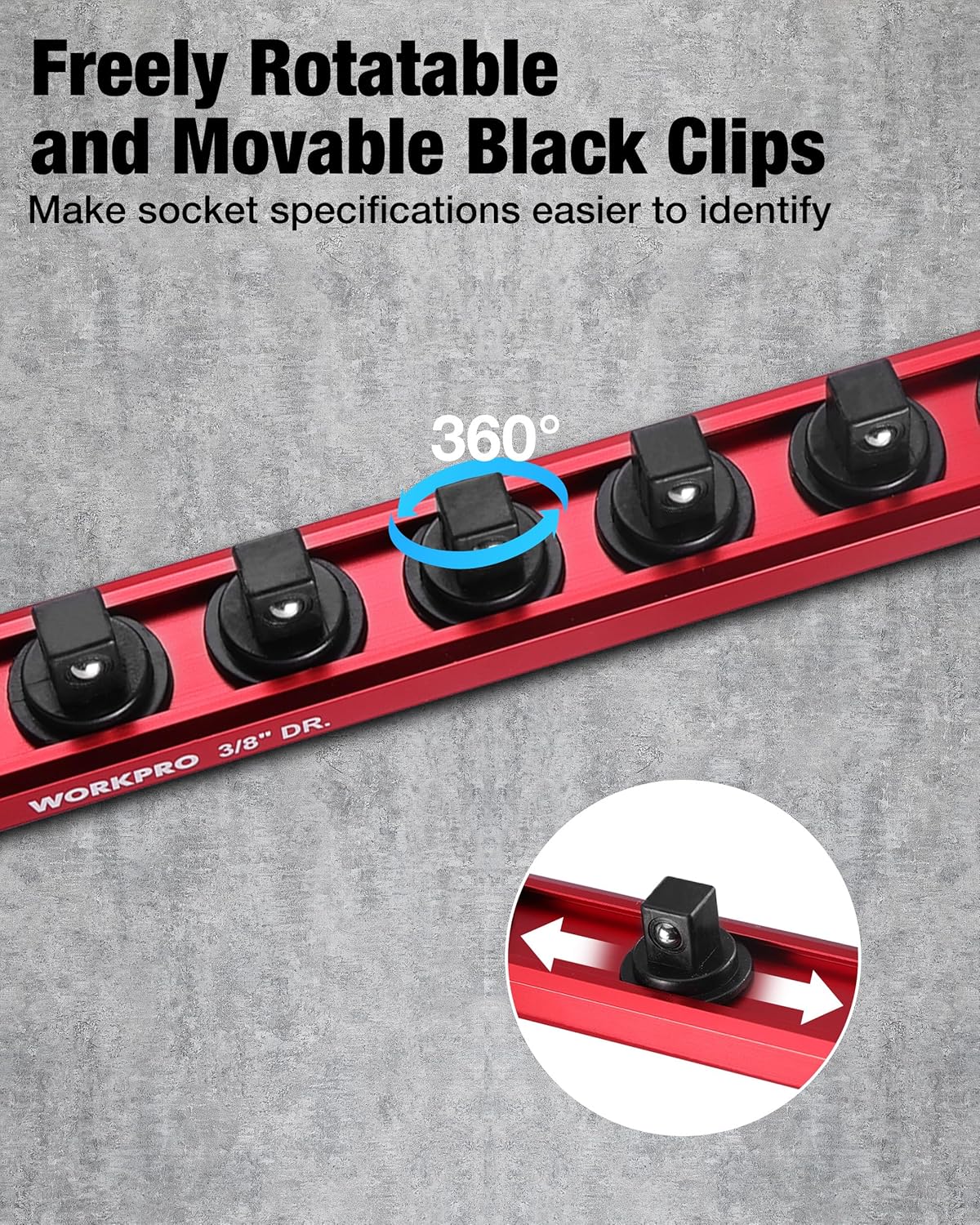 WORKPRO Magnetic Socket Organizer, 3/8" Drive Aluminum Alloy Socket Holder, Heavy Duty Socket Rail with 10 PC Removable Socket Clips, Socket Organizer Tray for Tool Box Drawer (Sockets Not Included)
